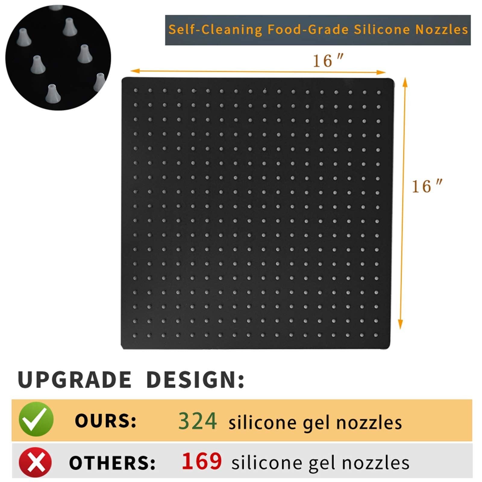 16-inch stainless steel rain shower head with square design, high-pressure rainfall shower fixture for a luxurious bathroom experience.