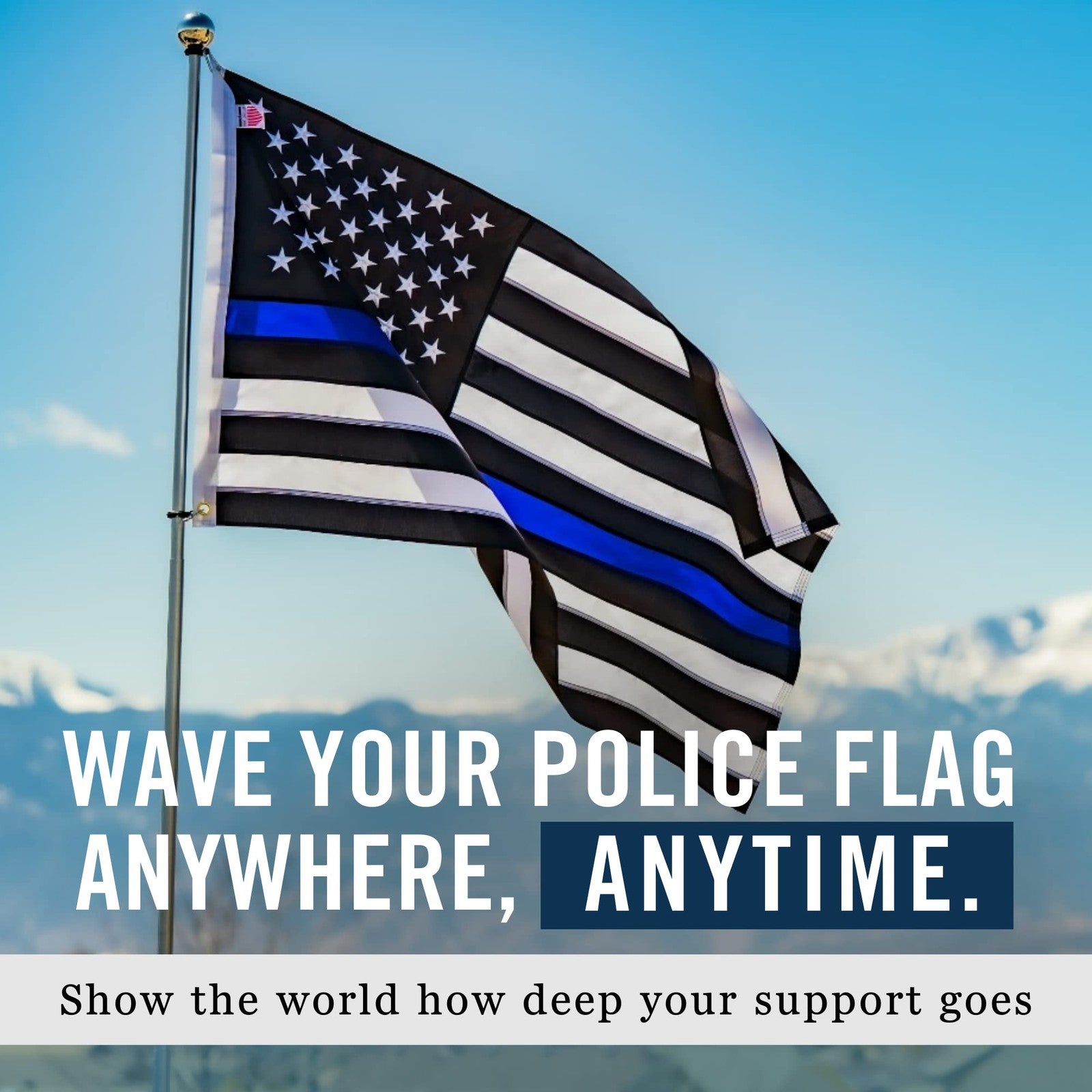 Front Line Flags Thin Blue Line USA flag, 5x8 ft, heavy-duty embroidered police banner with blue line and stars on a fabric background