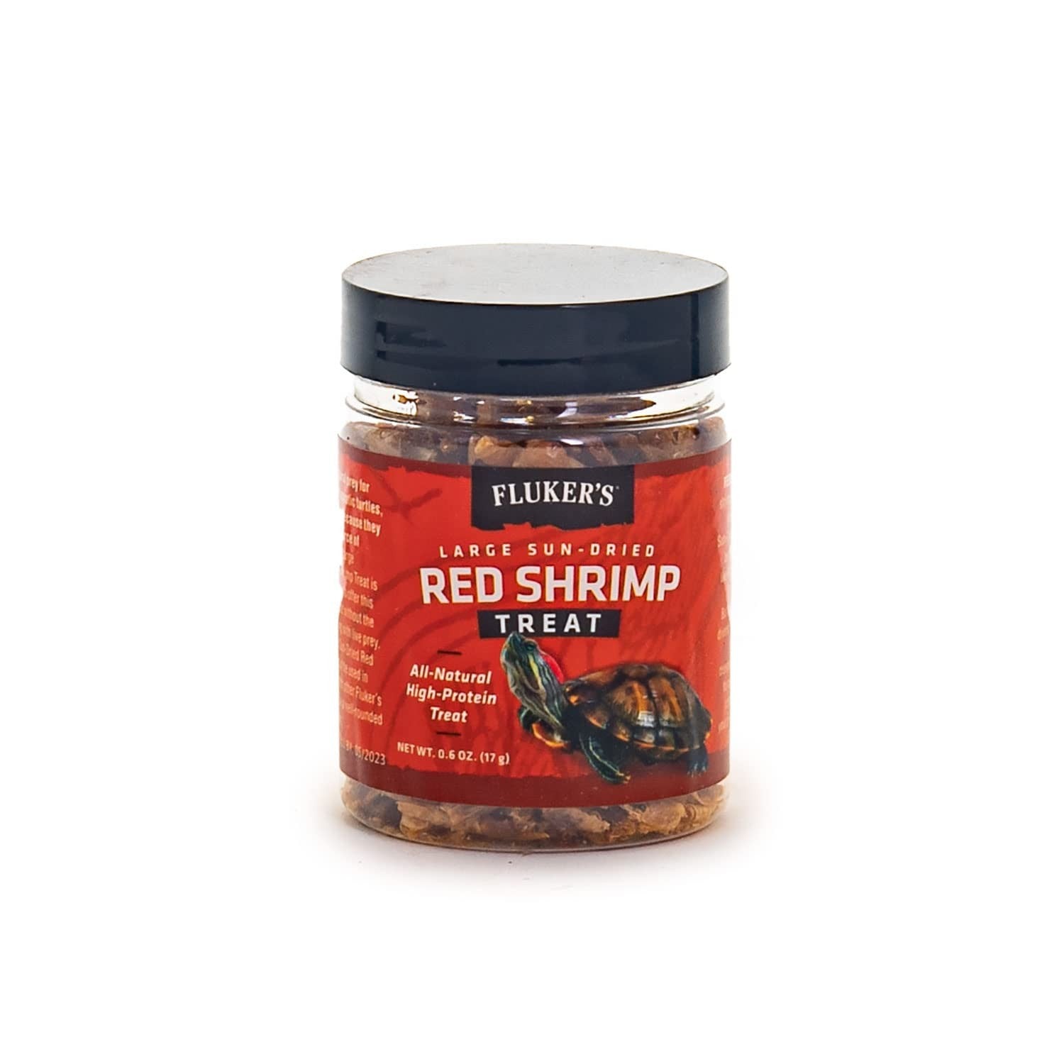 Fluker's large sun-dried red shrimp turtle food treat with high protein, natural ingredients, shown in a clear bag.