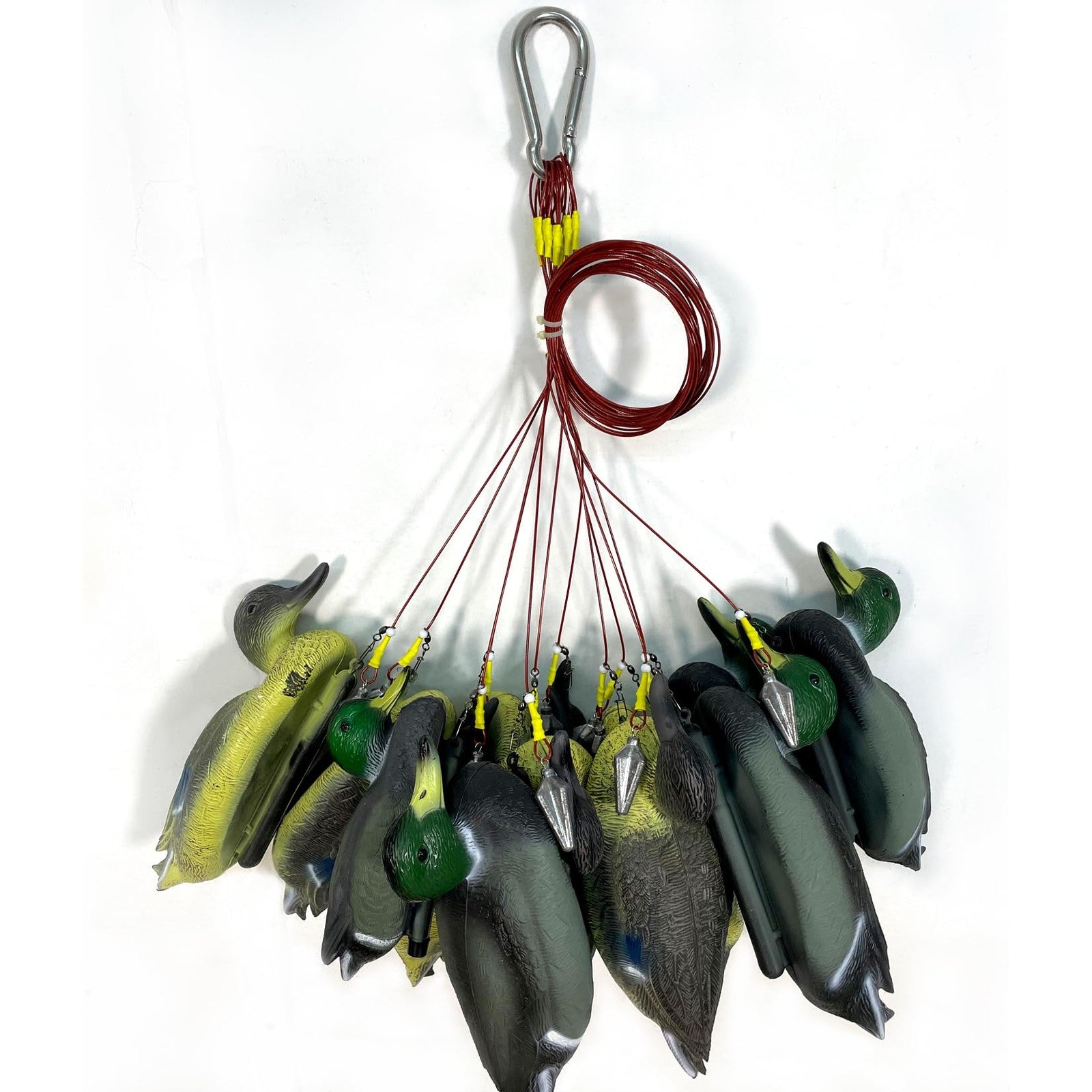 ZLEYECZ duck decoy weights with stainless steel wirerope and swivel, designed for secure placement in waterfowl hunting.
