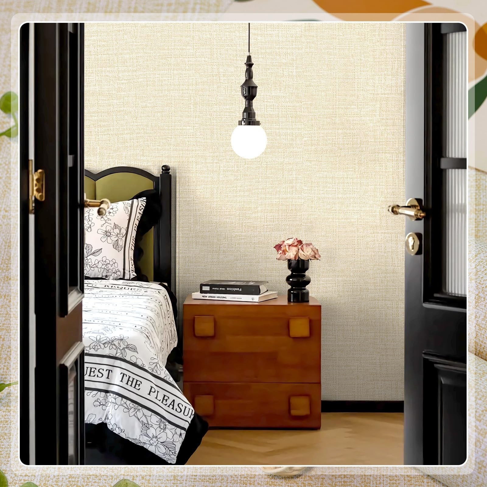 Amiya Grasscloth Cream Wallpaper peel and stick beige faux fabric linen contact for wall decor.