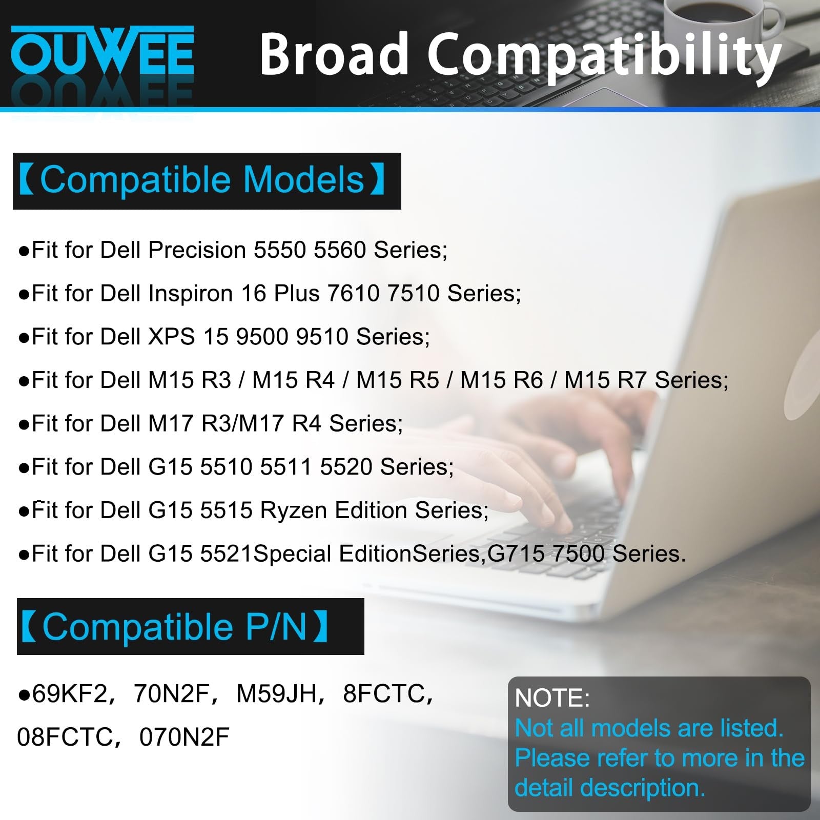 Ouwee 86Wh 69Kf2 laptop battery replacement for Dell G7 15 7500 and G15 5510 5511 5515 gaming laptops, showing the battery.