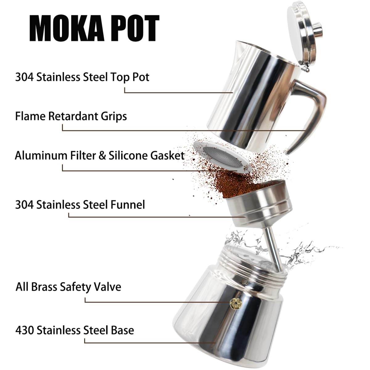 DITOSH 12-cup stainless steel moka pot stovetop espresso maker with polished finish and ergonomic handle for brewing coffee.