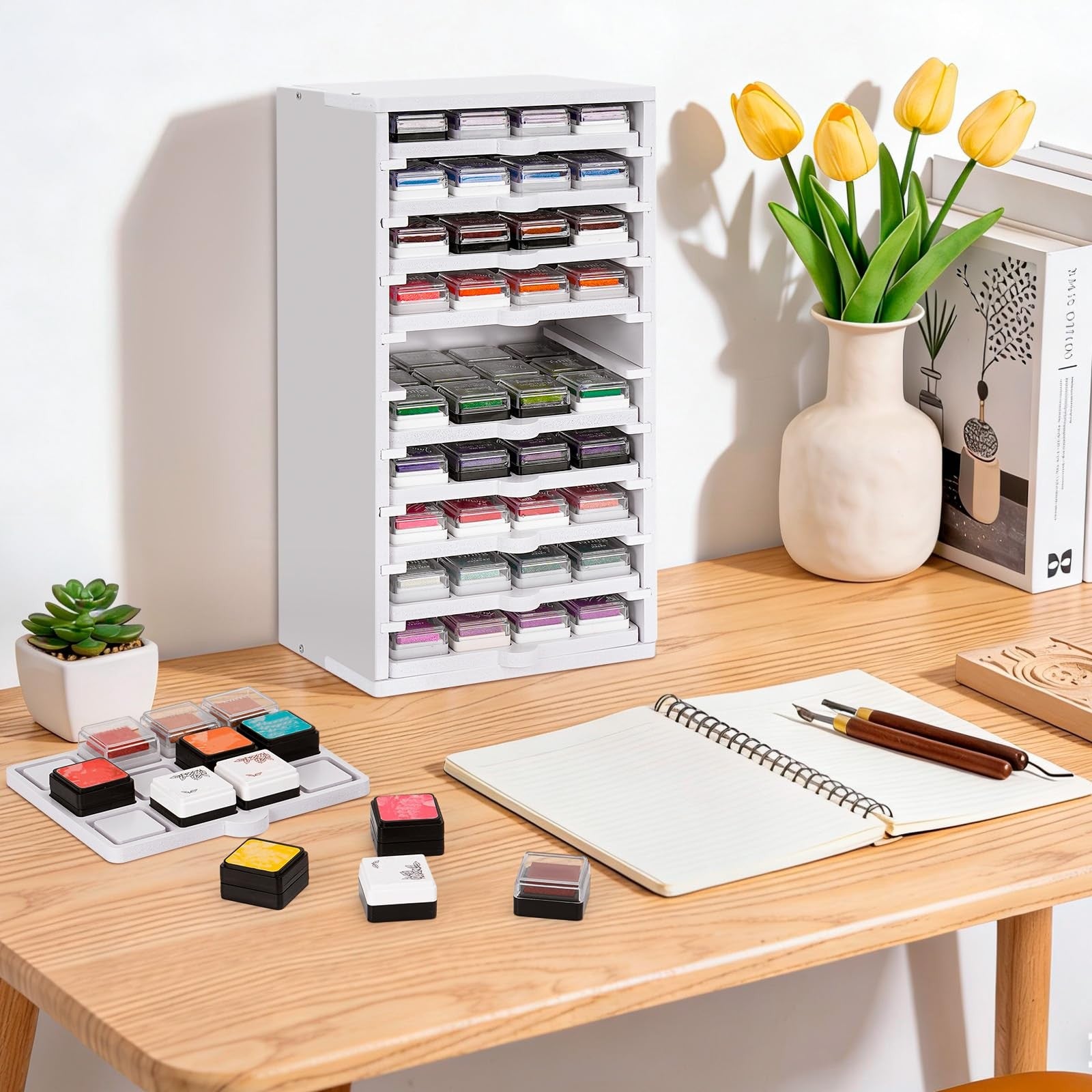 SANFURNEY ink pad tray organizer with 10 slots, compact mini size for storing ink pads and stamps neatly.