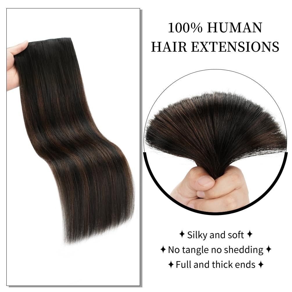 Winsky real human hair clip-in extensions in brown balayage, 16 inches long, 70g weight, #1BT4P1B color blending natural hair.