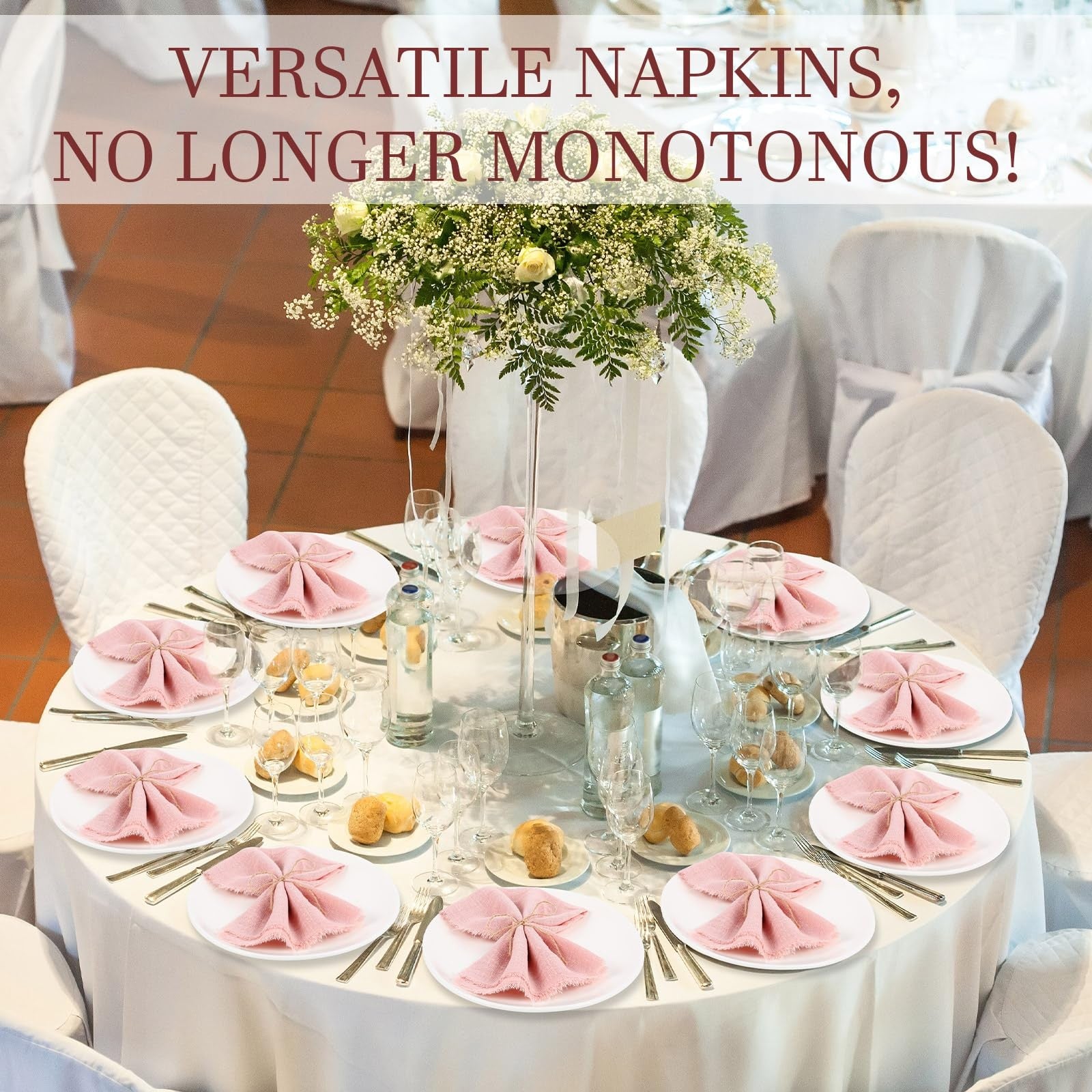 Set of 24 Preboun cotton fringe napkins, 17x17 inches, soft rustic reusable cloth for dining or decoration.