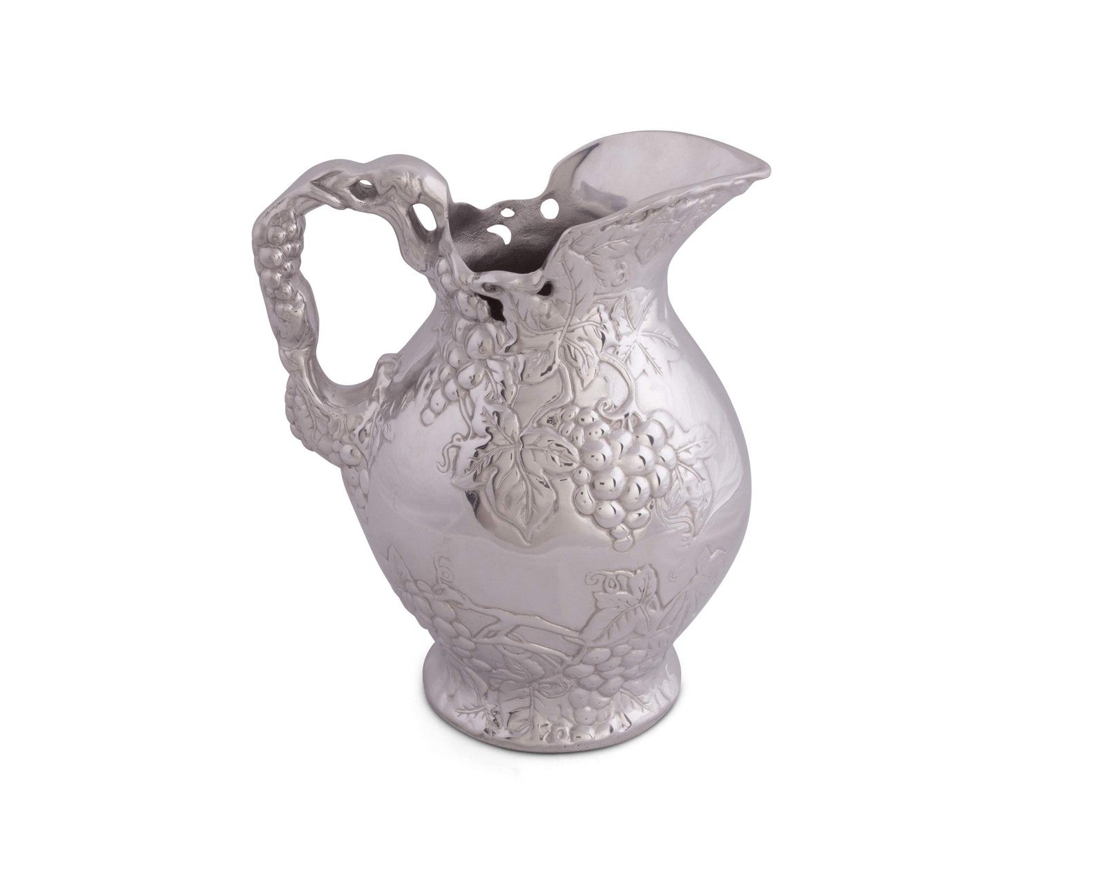 Arthur Court metal vineyard pitcher featuring grape pattern, sand-casted aluminum design with elegant grape details.