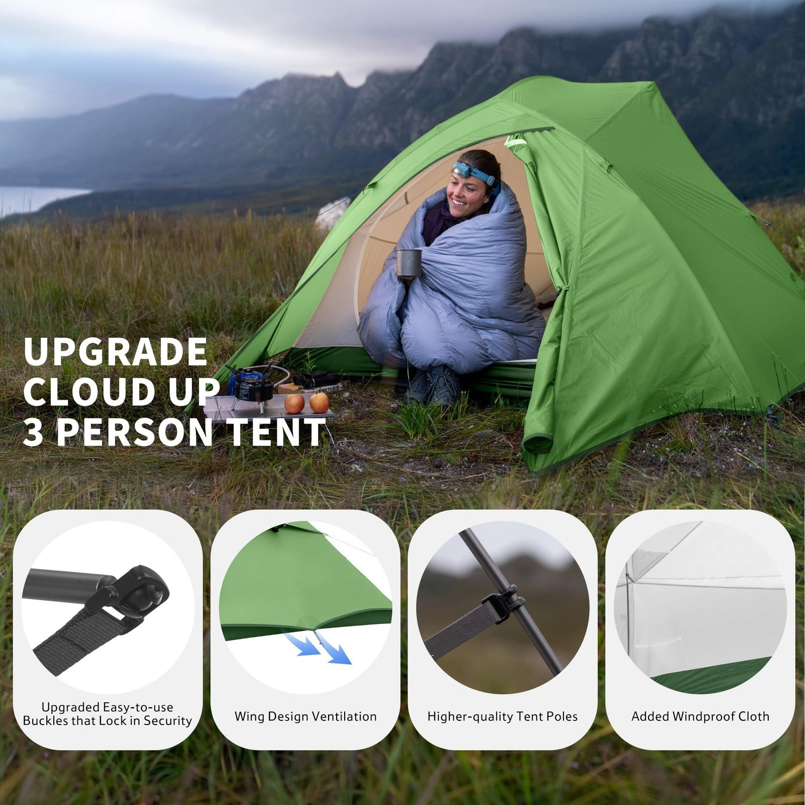 Naturehike Cloud Up 3-person backpacking tent footprint for 3-season camping, showing the durable ground tarp with tent edges.