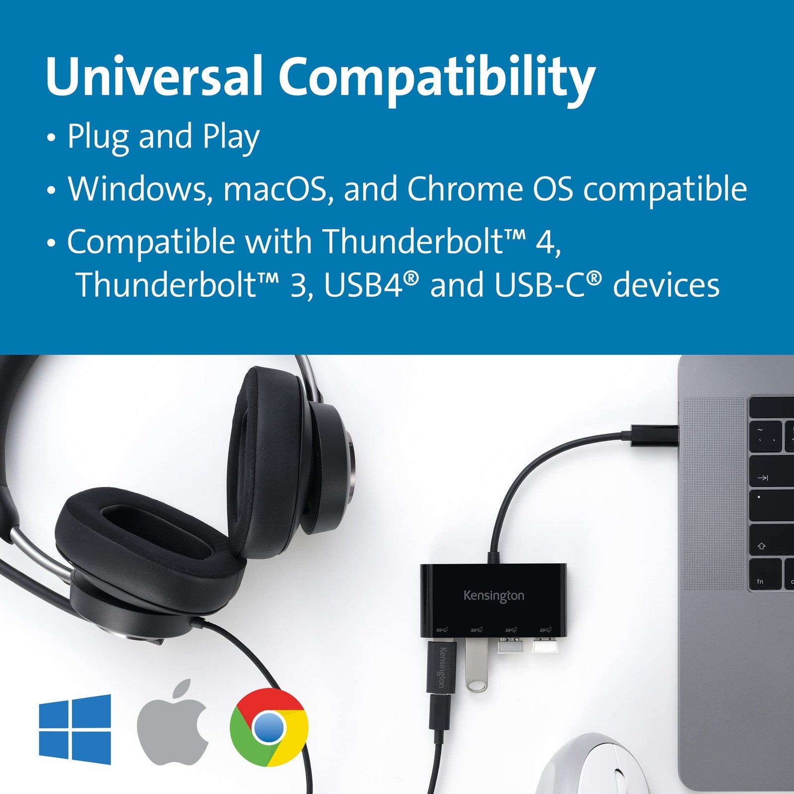 Kensington CH1200 USB-C 4-port hub with four USB 3.0 ports connected to a laptop, showcasing multiple devices connected.