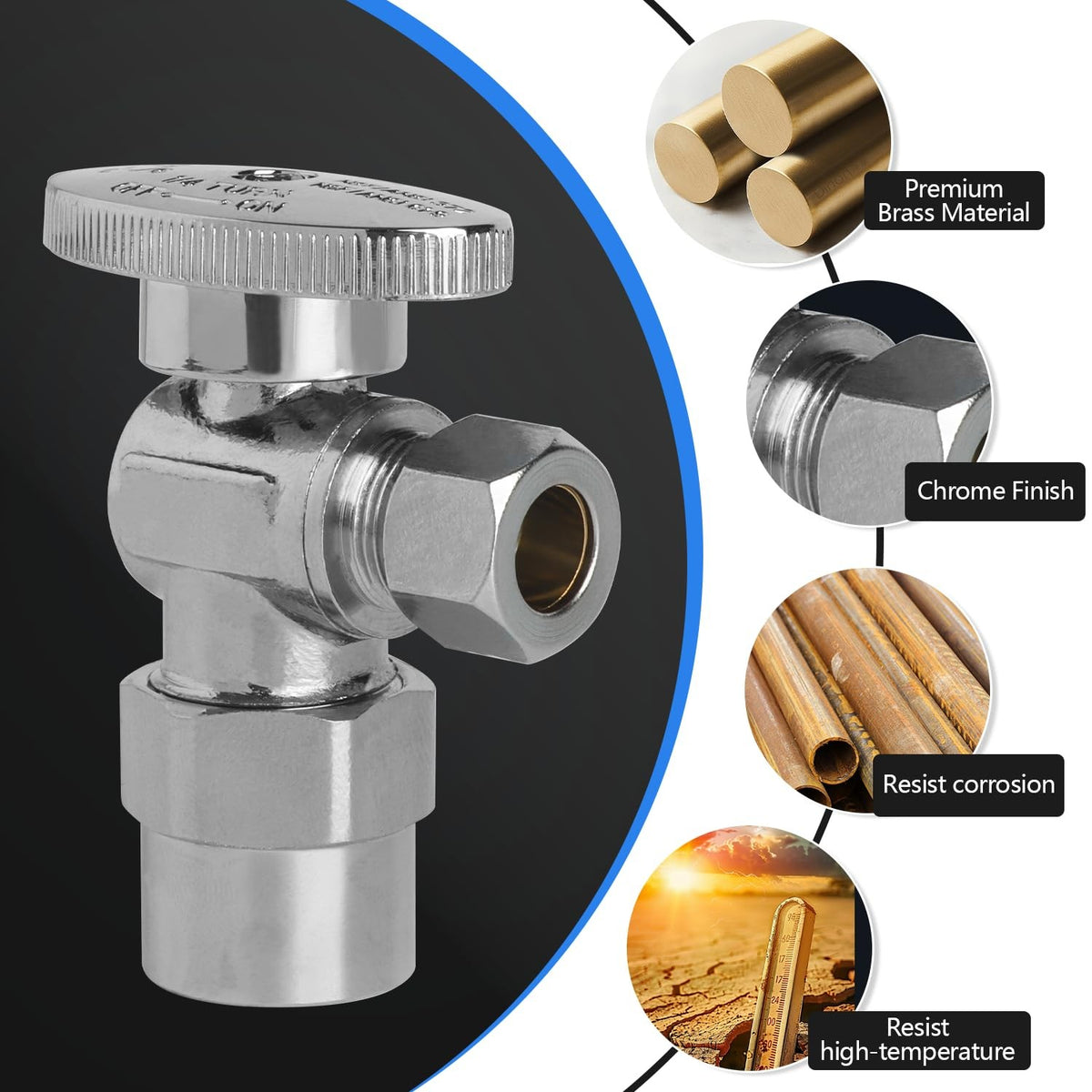 WiseWater chrome angle stop valve with 1/2 inch CPVC and 3/8 inch compression, quarter-turn design for plumbing applications.