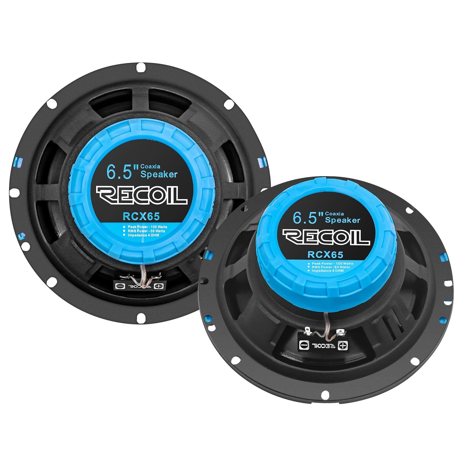 Recoil RCX65 Echo Series 6.5-inch car audio coaxial speaker system with black cone and mounting hardware.
