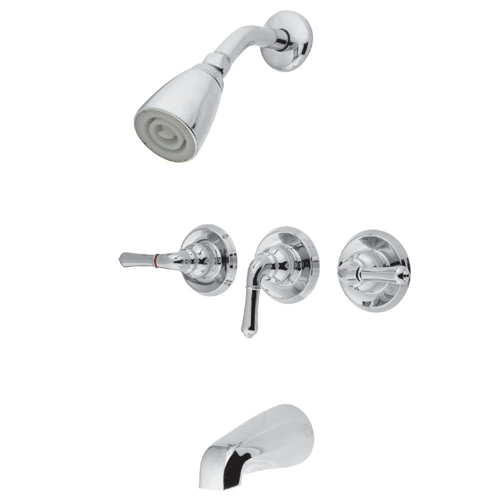 Kingston Brass Magellan tub and shower faucet with three handles in polished finish, shown with detailed handles and spout.