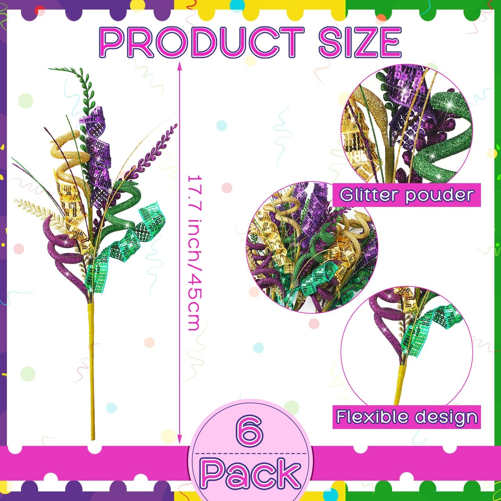 Zeyune 6-pack Mardi Gras decoration picks with purple and green accents, 17.7-inch table centerpiece decorations.