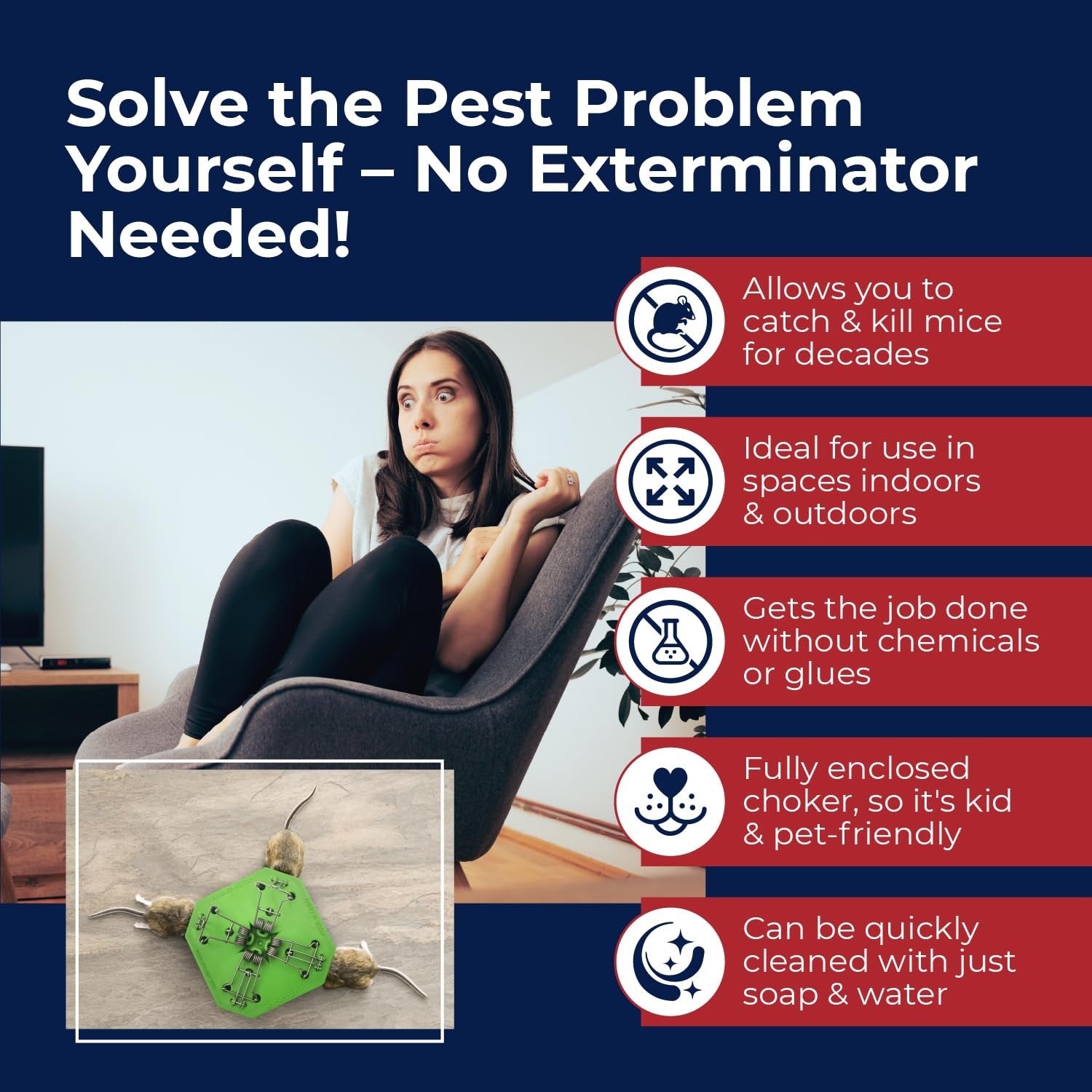RU CHILLIN reusable mouse trap with multiple compartments for catching mice indoors and outdoors, made of durable plastic.