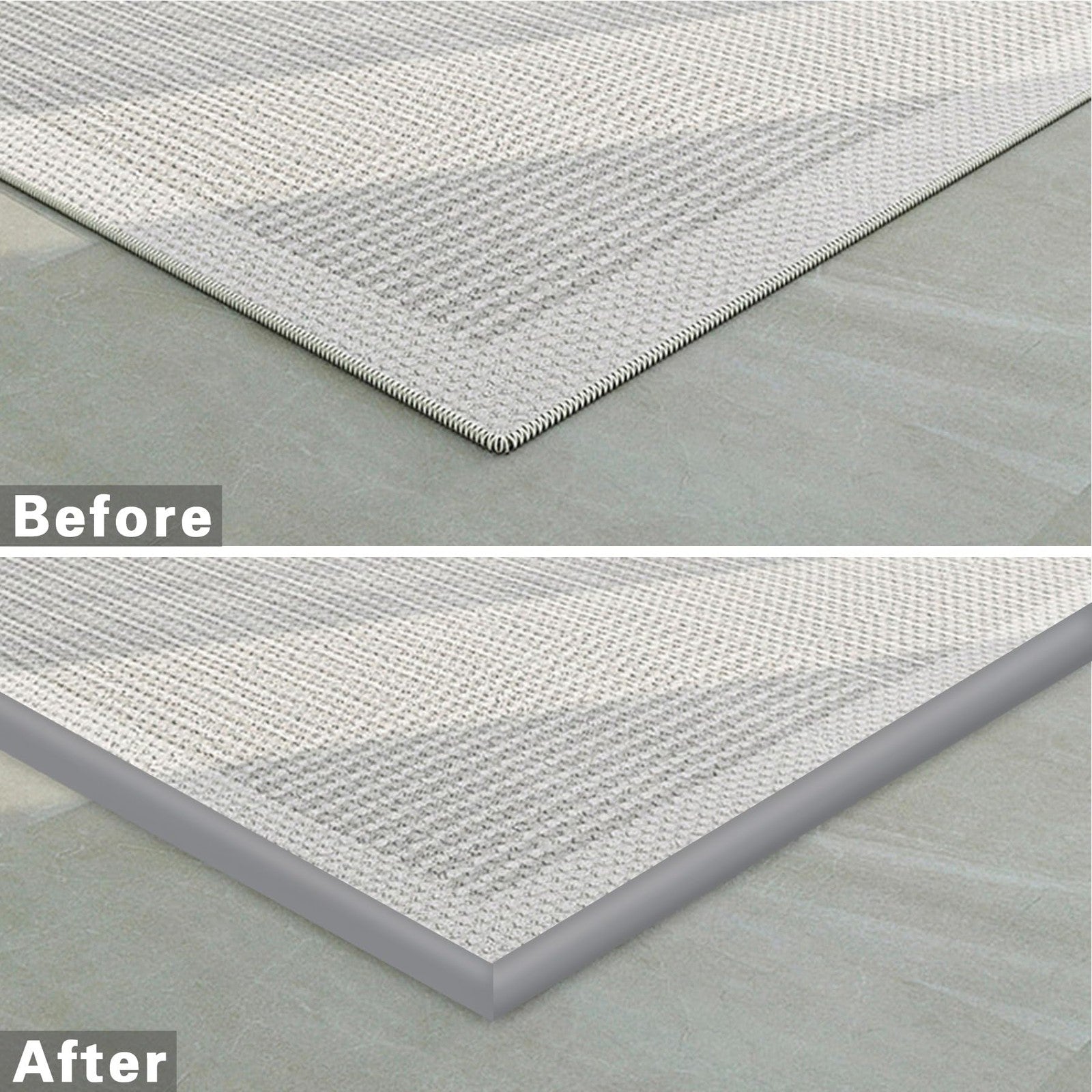 Trimold grey self-adhesive carpet to tile floor transition strip with edging, showing smooth surface and adhesive backing.