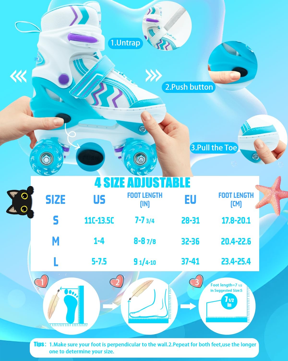 SMOOJOY kids roller skates for boys and girls in sky blue, adjustable inline skates with safety straps and wheels.