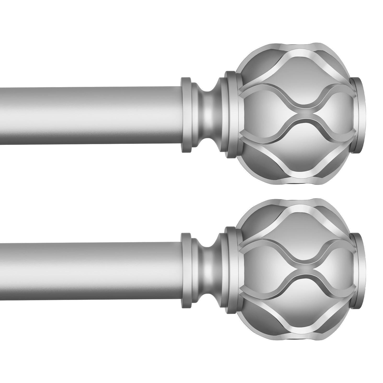 WIN4ALL 2-pack silver heavy-duty curtain rods, 28-48 inch length, with 1-inch diameter, suitable for window curtains.