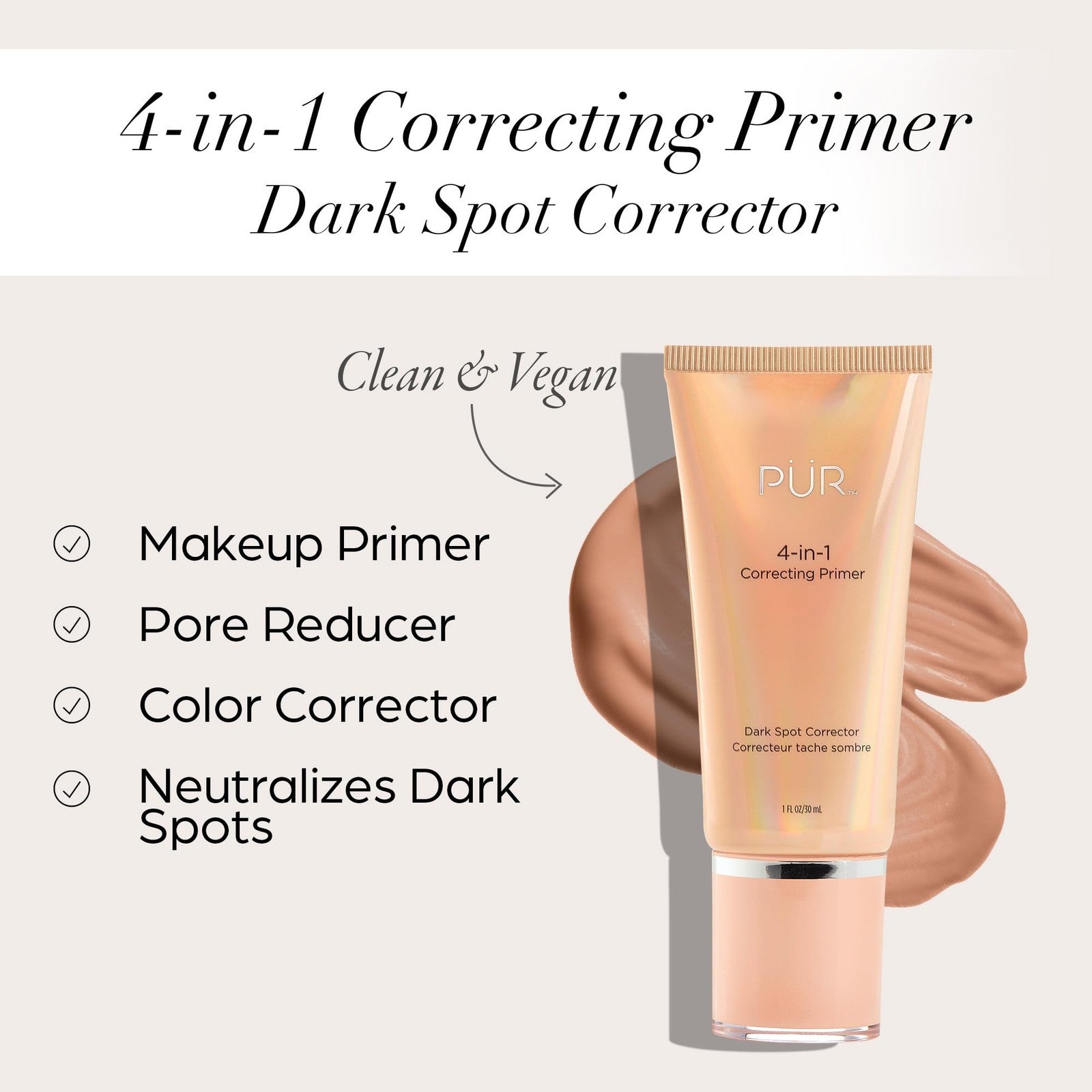 PÜR MINERALS 4-in-1 Correcting Primer for face with dark spot correction, smoothes skin and primes for makeup application.