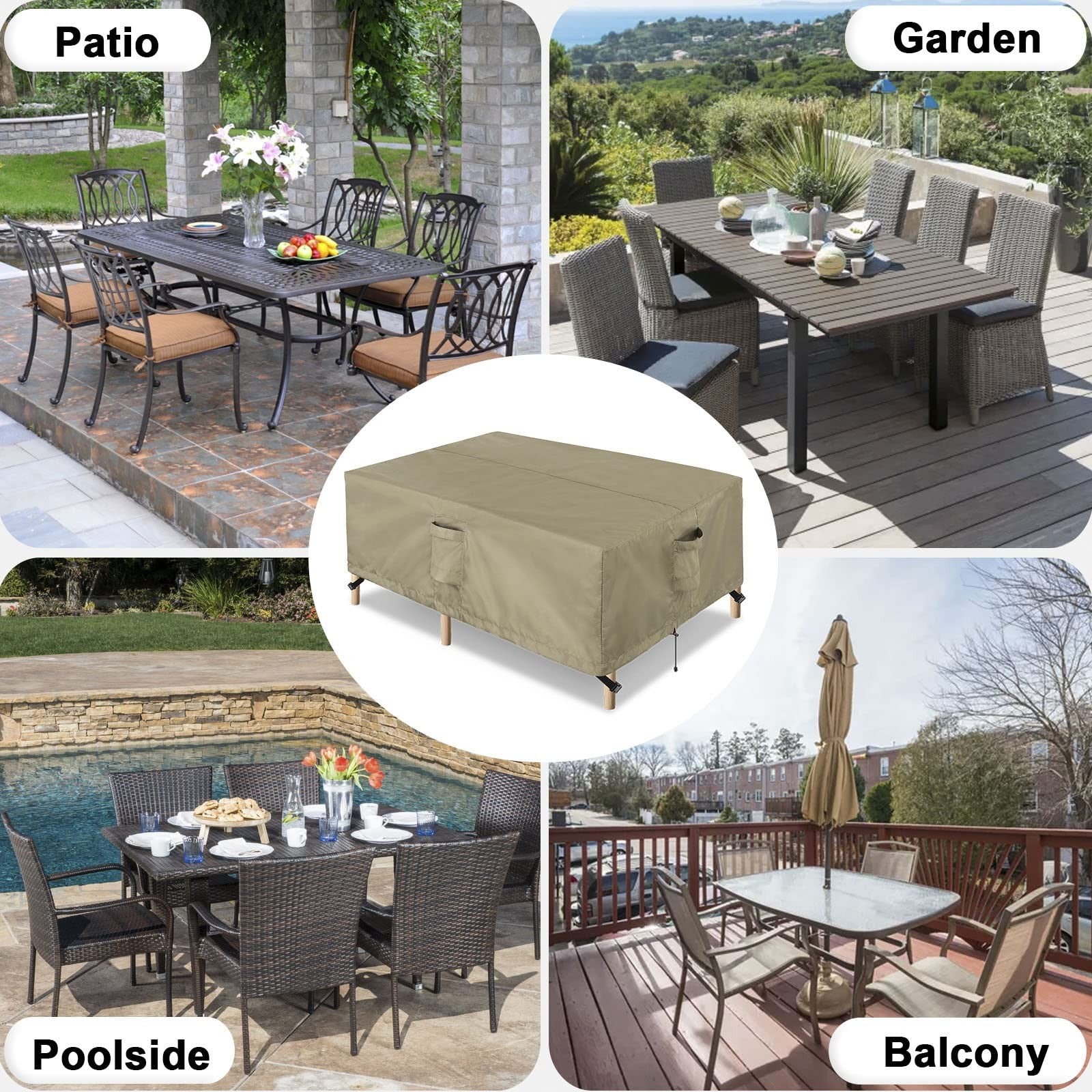 OutdoorLines waterproof patio table furniture set cover for rectangle tables, protecting outdoor dining furniture from weather.