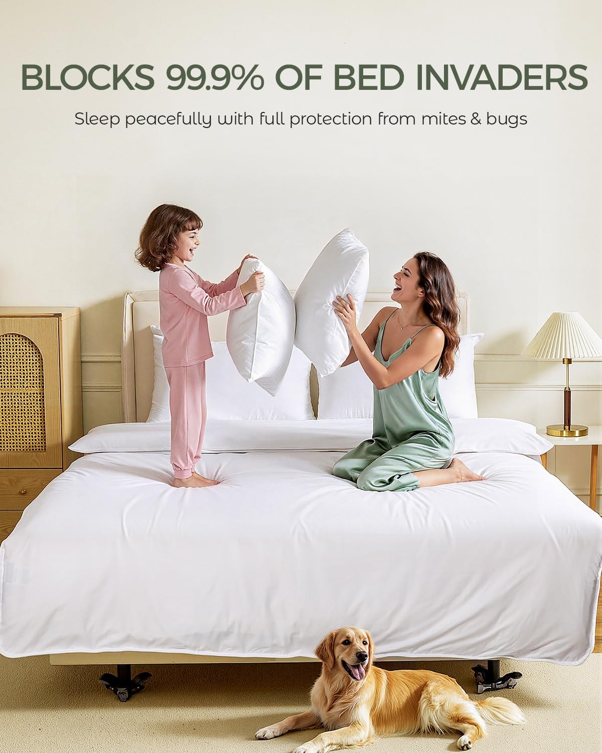 FAUNNA 100% cotton pillow protectors featuring bed bug proof, hypoallergenic, and antimicrobial fabric for comfortable sleep.
