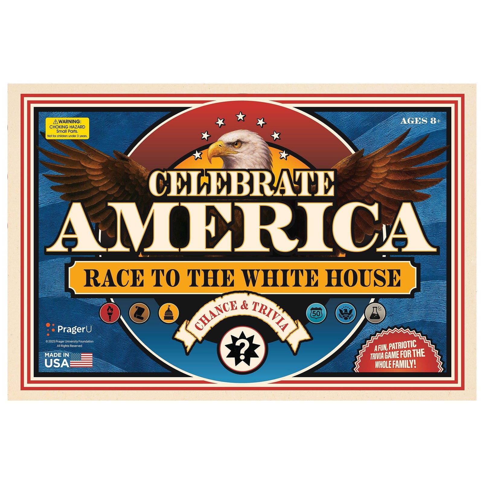 PragerU Celebrate America Race to The White House board game with USA trivia and patriotic game pieces on a game table.