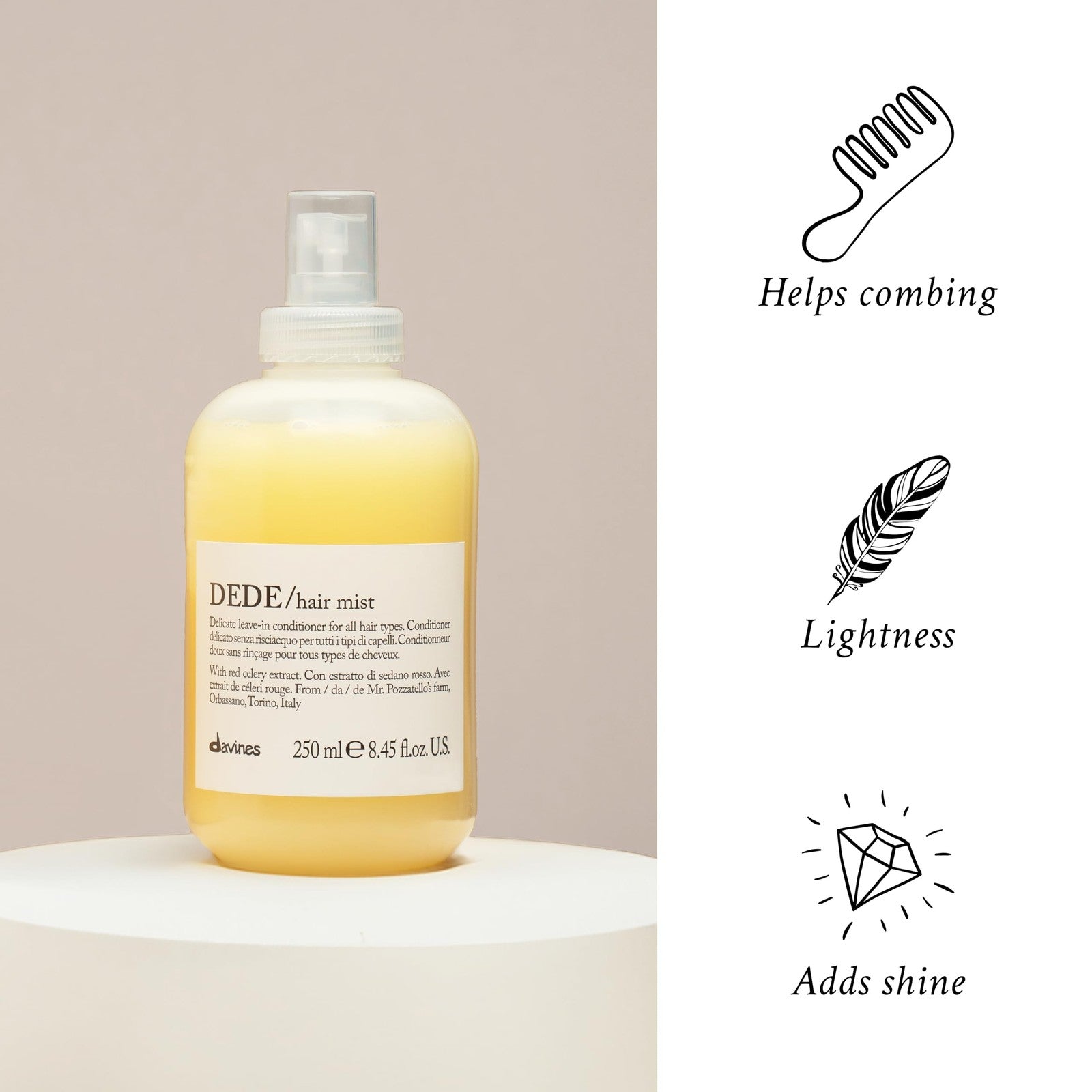 Davines DEDE Hair Mist lightweight leave-in conditioner spray with moisturizing benefits for soft, hydrated hair.