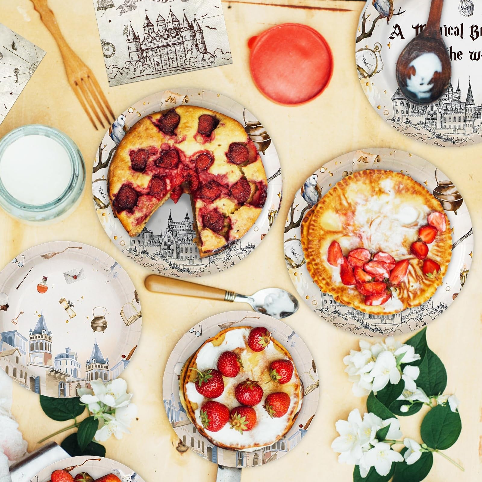 Dhnvcud 180-piece magical wizard-themed paper plates for parties, featuring colorful wizard designs and festive decorations.