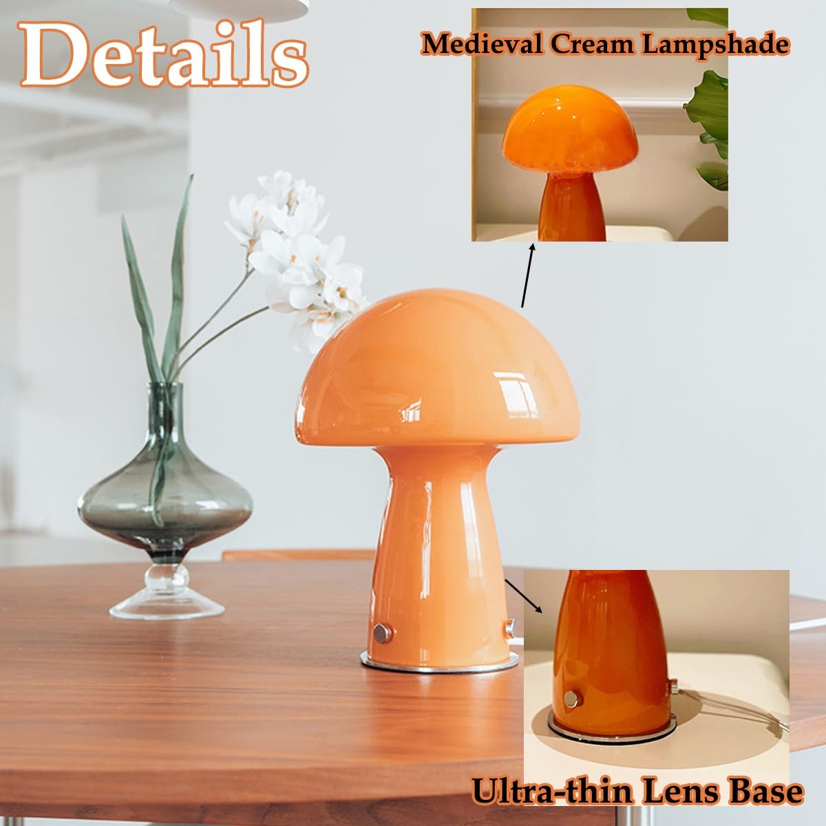 MIXL cute mushroom table lamp with glass shade, small orange night light, emitting warm 3000K glow.