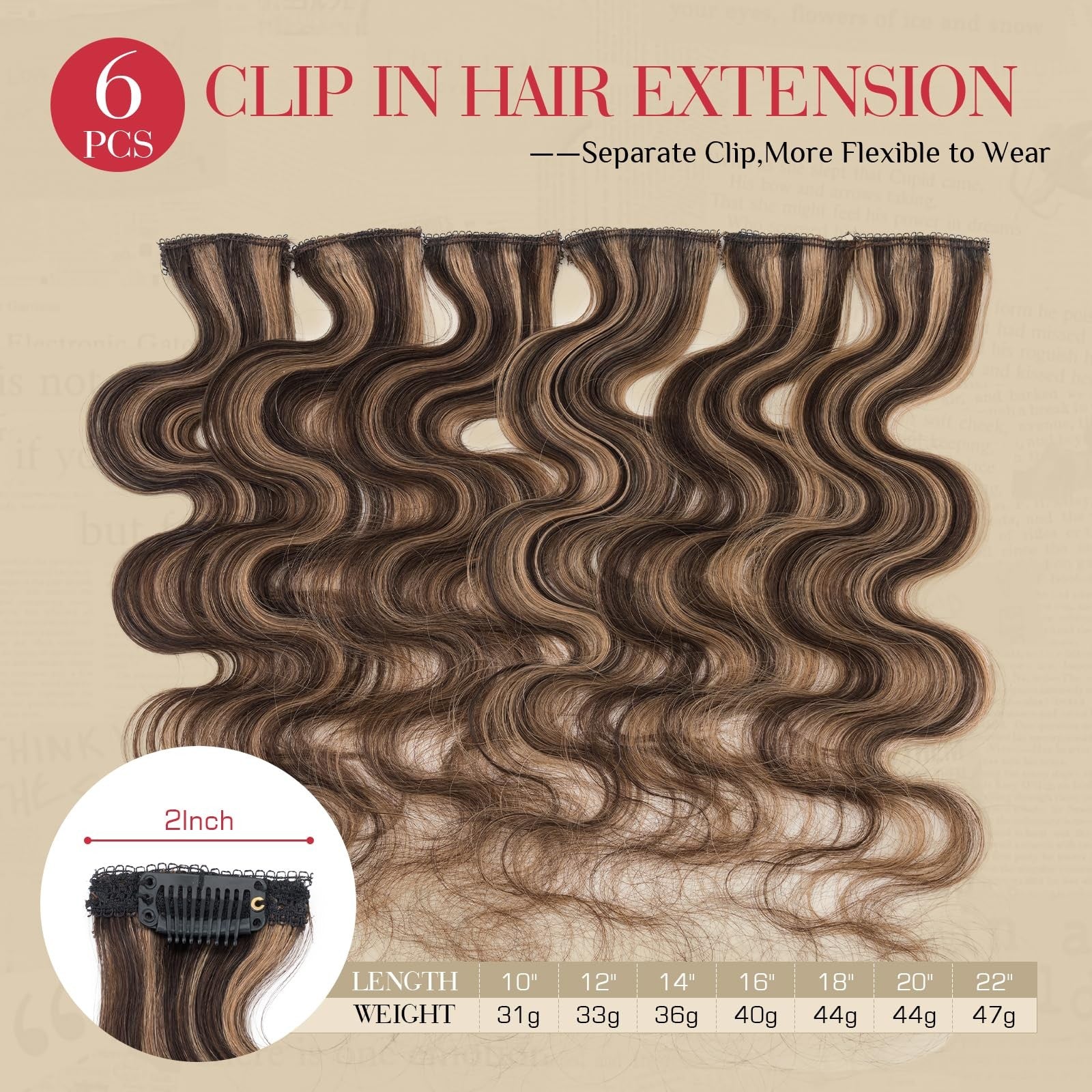 Rich Choices short clip-in hair extensions with curly wave style, real human hair, six-piece set, shown in natural brown color.