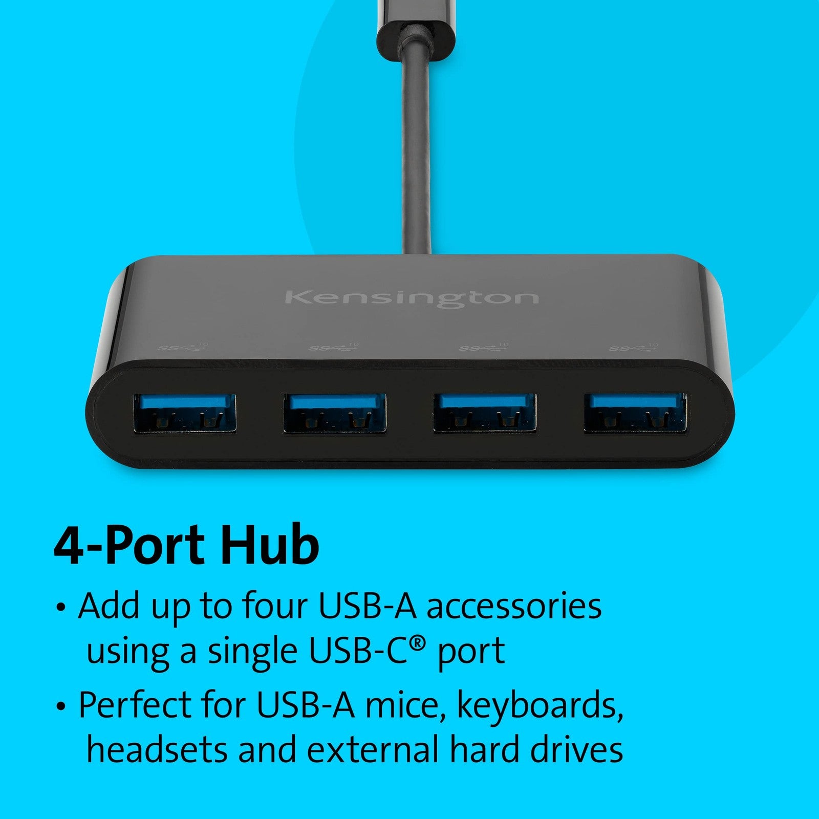 Kensington CH1200 USB-C 10Gbps 4-Port Hub with USB Type C to USB Adapter and four USB 3.0 ports on a white background.