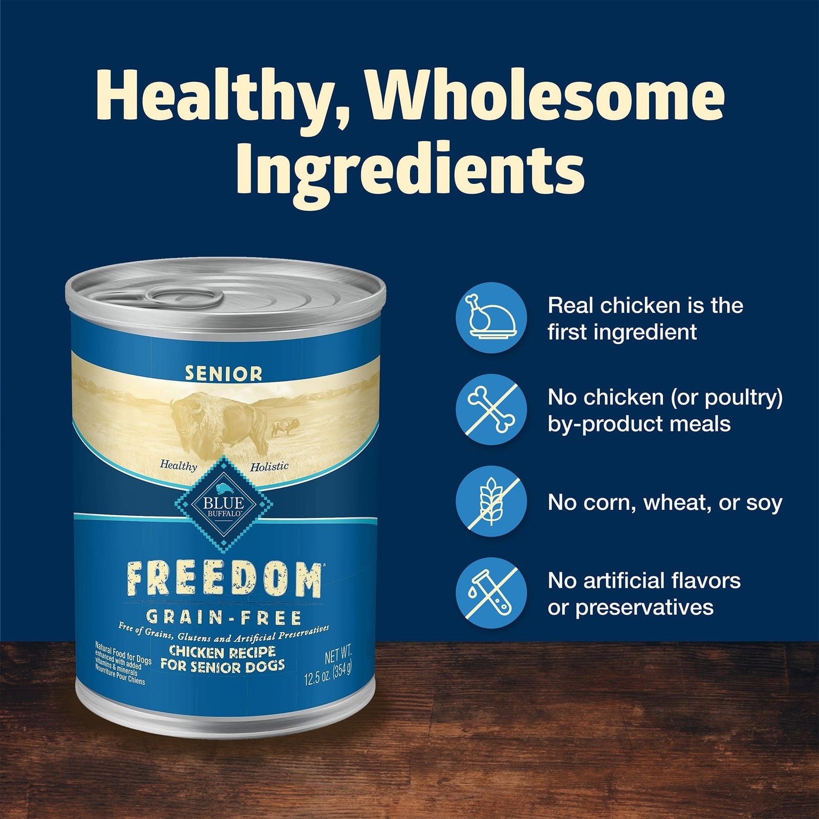 Blue Buffalo Freedom grain-free senior wet dog food in a blue bowl with chunks of meat and vegetables, suitable for older dogs.