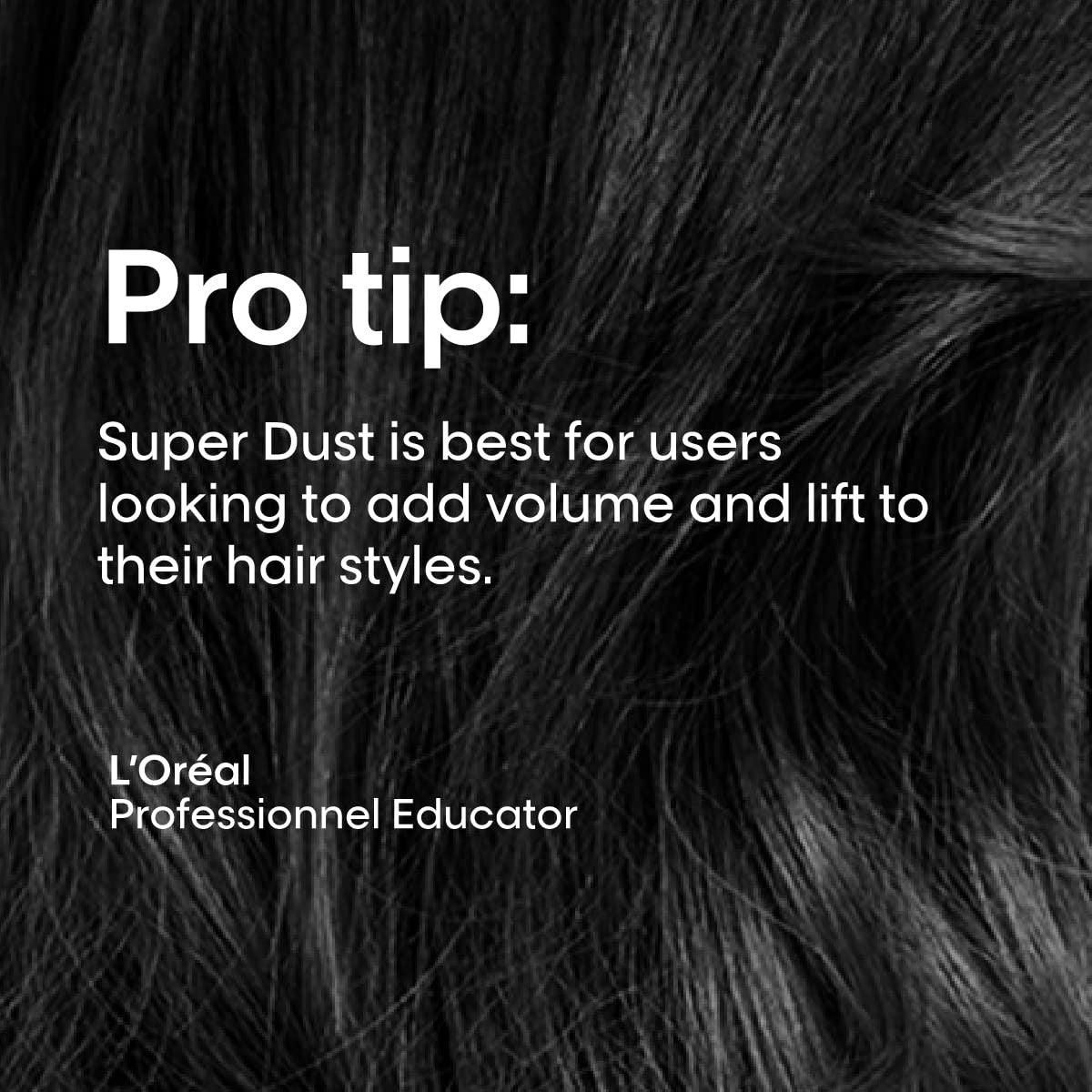 L'Oréal Professionnel Paris Volume Dust weightless powder for all hair types, shown in a sleek container with a fine mist application.