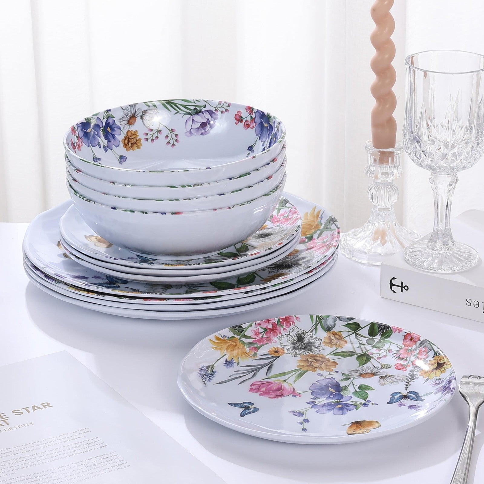 Lechoo 12-piece melamine dinnerware set with floral plates and bowls for four, featuring colorful, decorative dishware for casual dining.