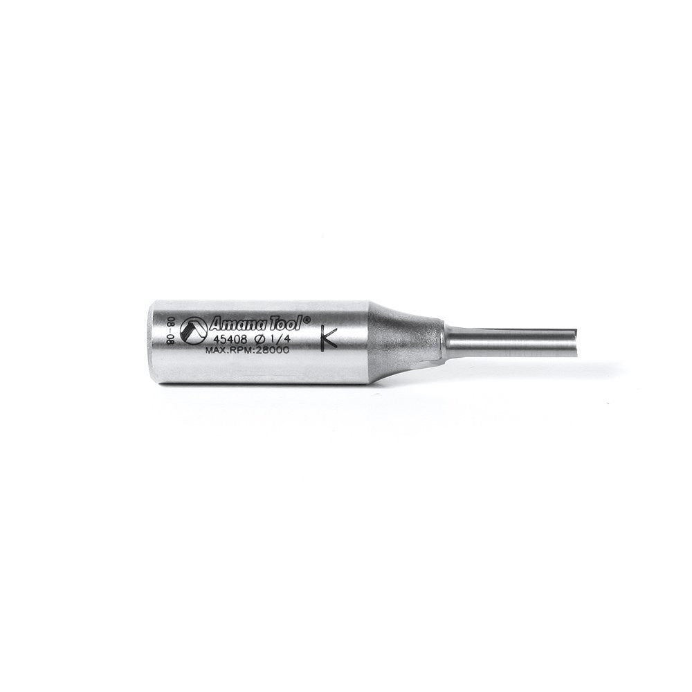 Amana Tool 1/4-inch straight plunge router bit with 3/4-inch diameter and 1/2-inch shank, designed for high production routing.