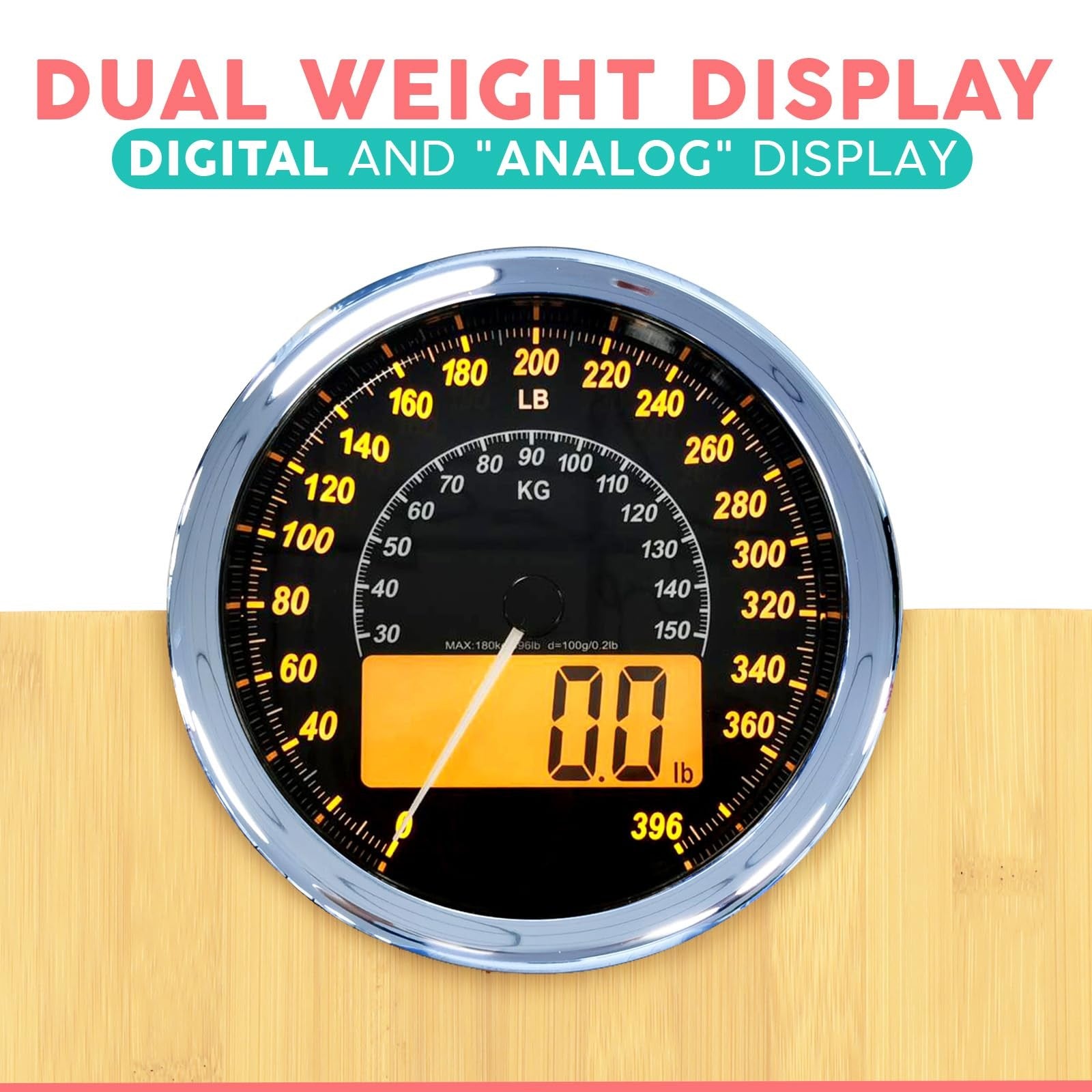 Adamson Hybrid 2-in-1 analog and digital weighing scale displaying body weight up to 400 lbs on a bathroom floor.