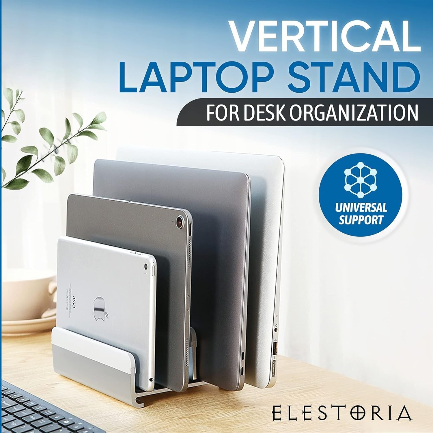 Elestoria 5-slot vertical aluminum laptop stand holding multiple laptops in a sleek, modern design for organized workspace.