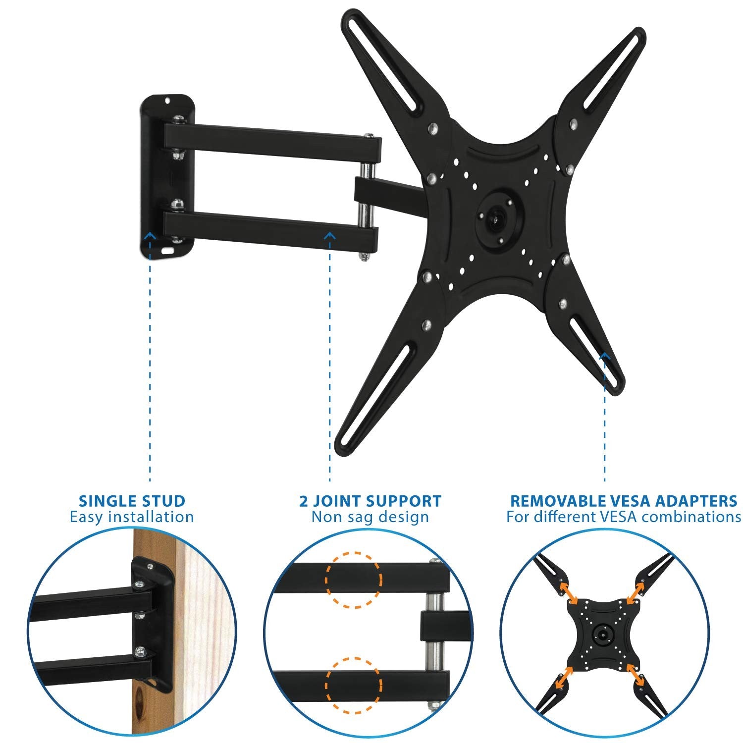 Mount-It! full motion TV wall mount bracket holding a 23-55 inch LCD LED 4K TV with swivel arms and adjustable tilt.