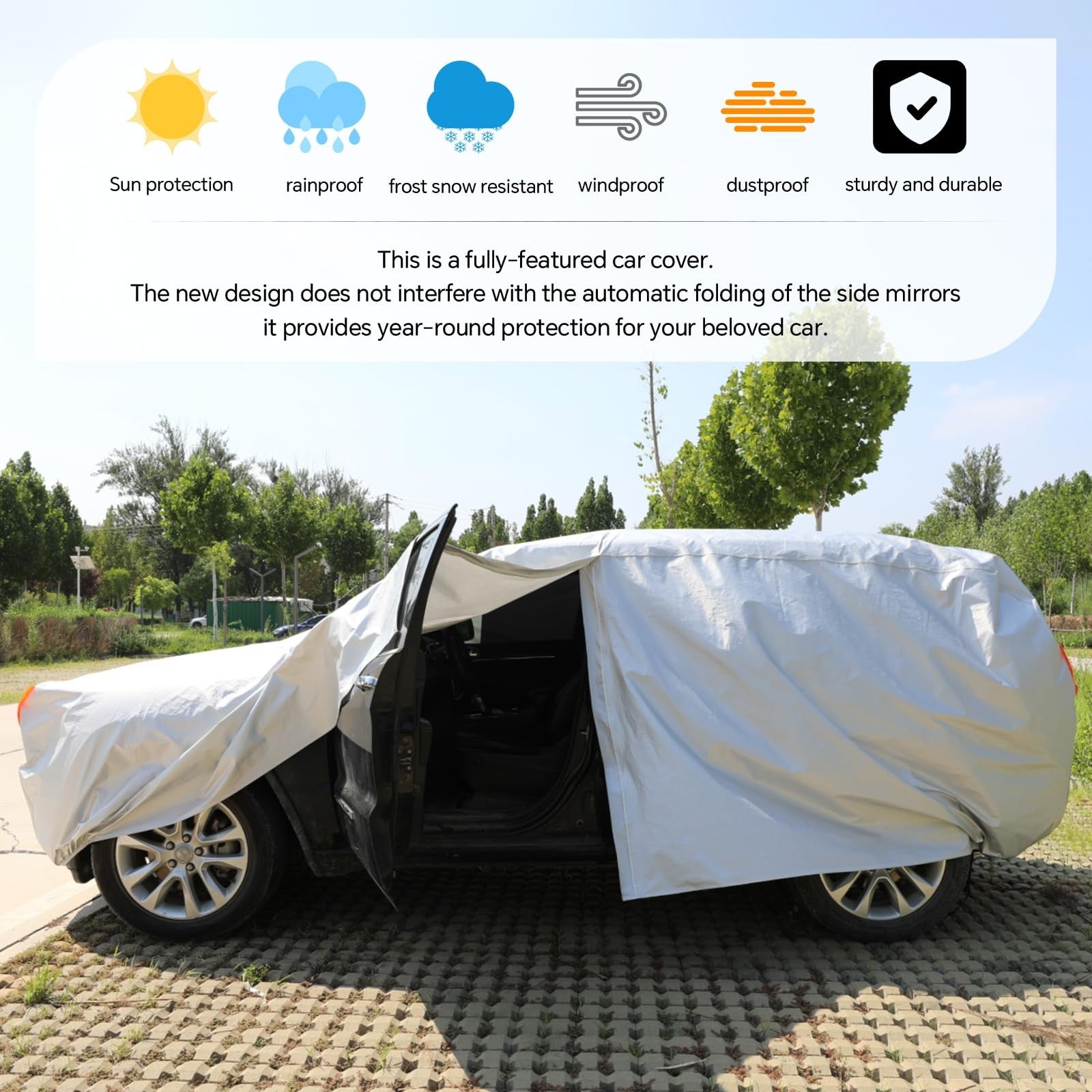 Talyetar waterproof all-weather car cover on a parked vehicle, featuring elastic edges and a driver opening for outdoor protection