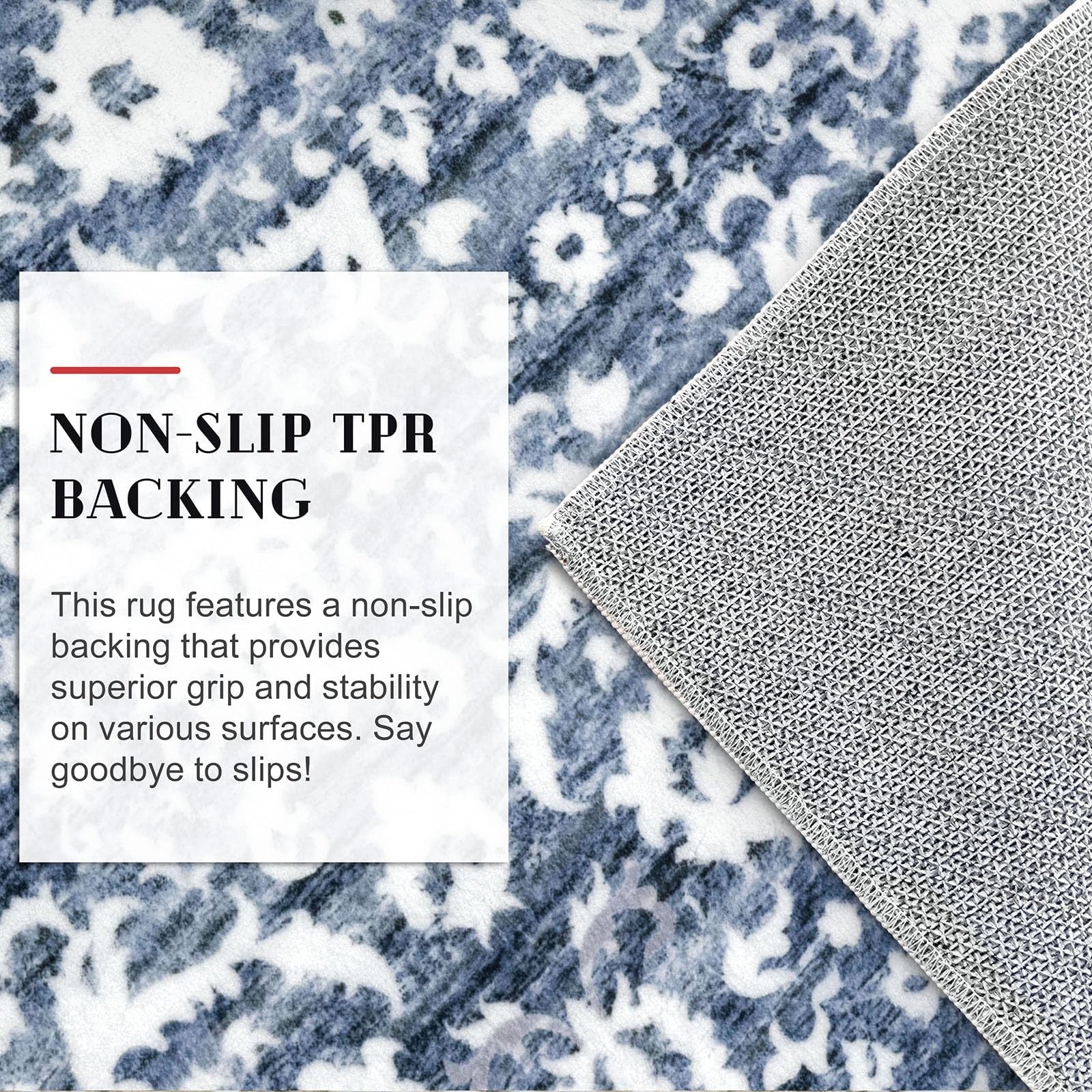 Lansny vintage floral 2x7 light blue and white washable bedroom runner rug with non-slip backing