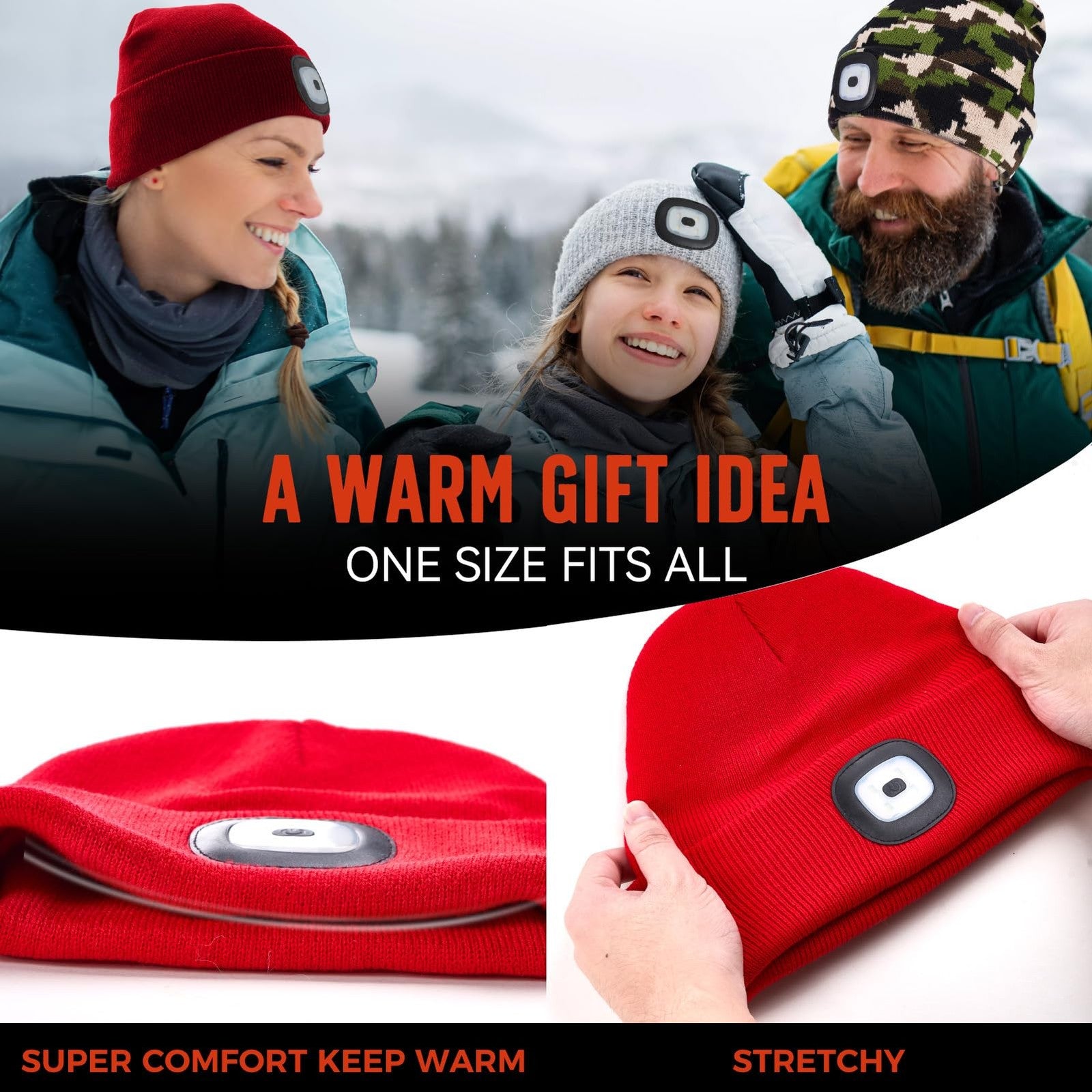 Unisex SYMNTEM LED beanie hat with built-in rechargeable USB headlight, providing hands-free light for outdoor activities.