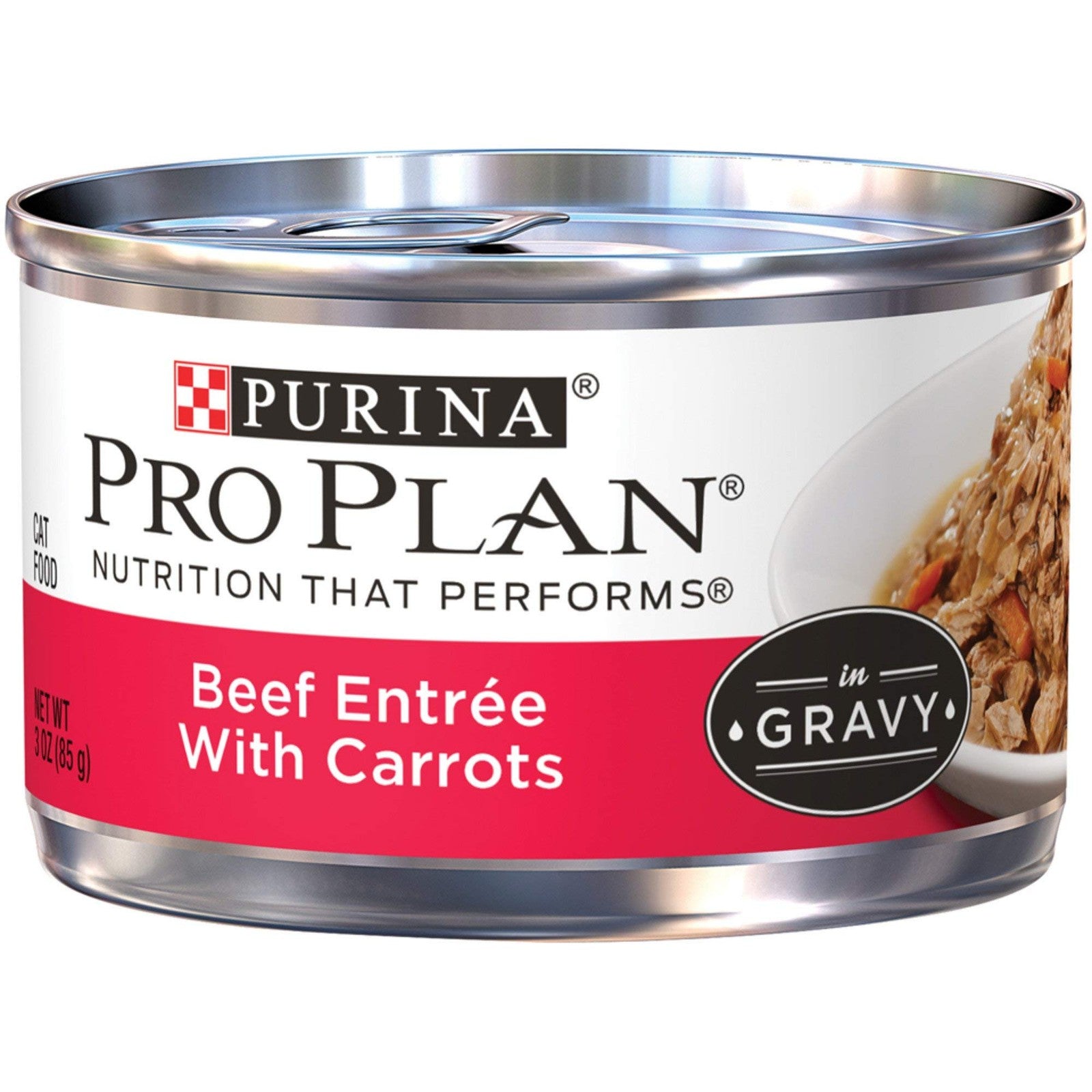 Canned Purina Pro Plan wet cat food Beef & Carrots Entree, 3oz cans, complete nutrition for cats, 24-pack.