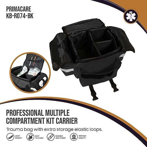 Primacare KB-RO74-BK black first responder trauma bag with compartments, handles, and zipper closure for EMS and medical use.