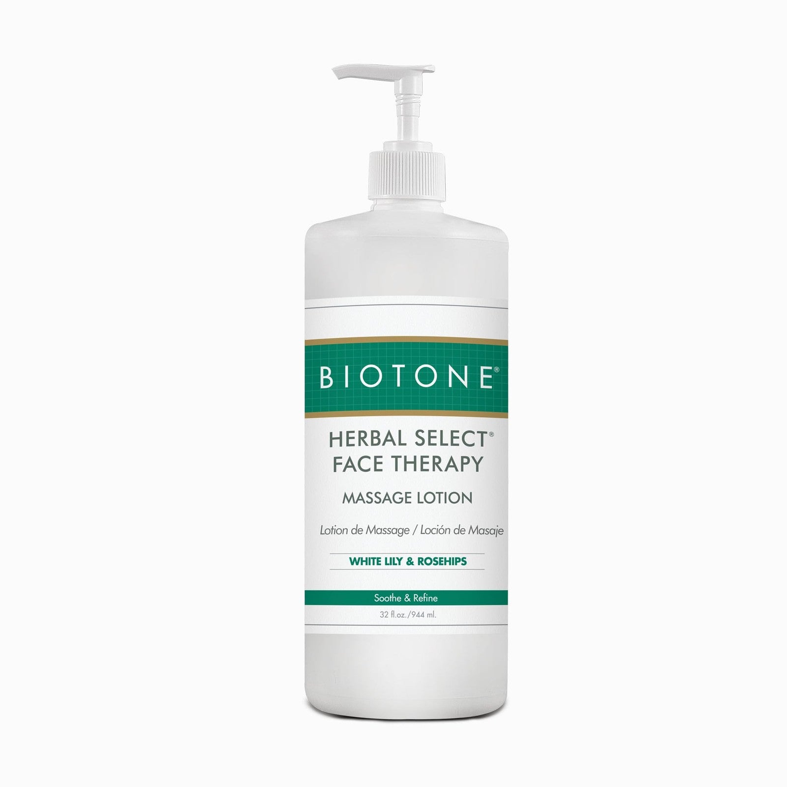 Biotone Herbal Select Massage Face Therapy Lotion bottle with label, 32 ounces, professional skincare product for facial massage.