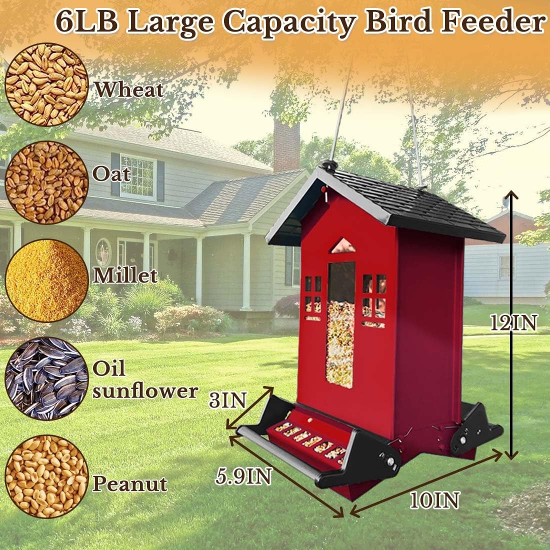 Red metal squirrel-proof bird feeder hanging outdoors, designed by Yltimer, with 6-pound capacity for attracting various bird species.