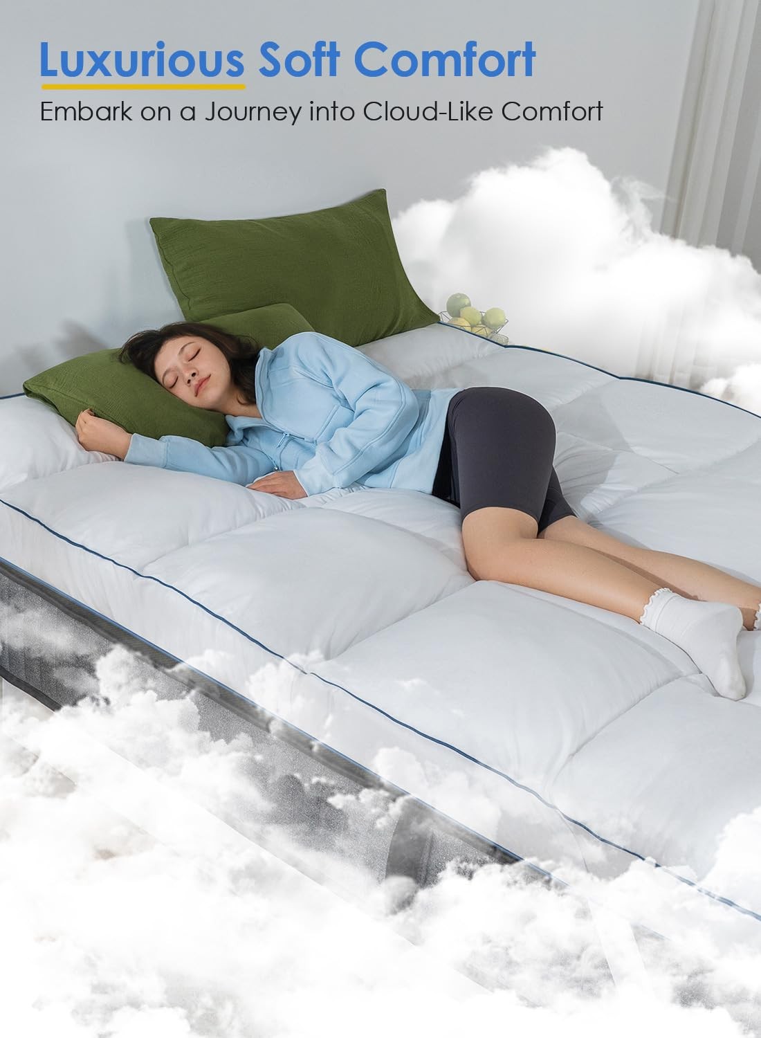 QUEEN ROSE King pillow top mattress topper, extra thick and soft bed pad with plush fabric, adding comfort to the sleeping surface.