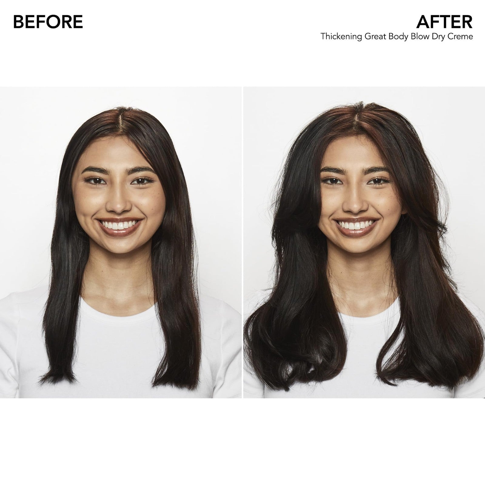 Bumble and bumble Thickening Great Body volumizing blow dry cream and heat protectant tube with product label visible.
