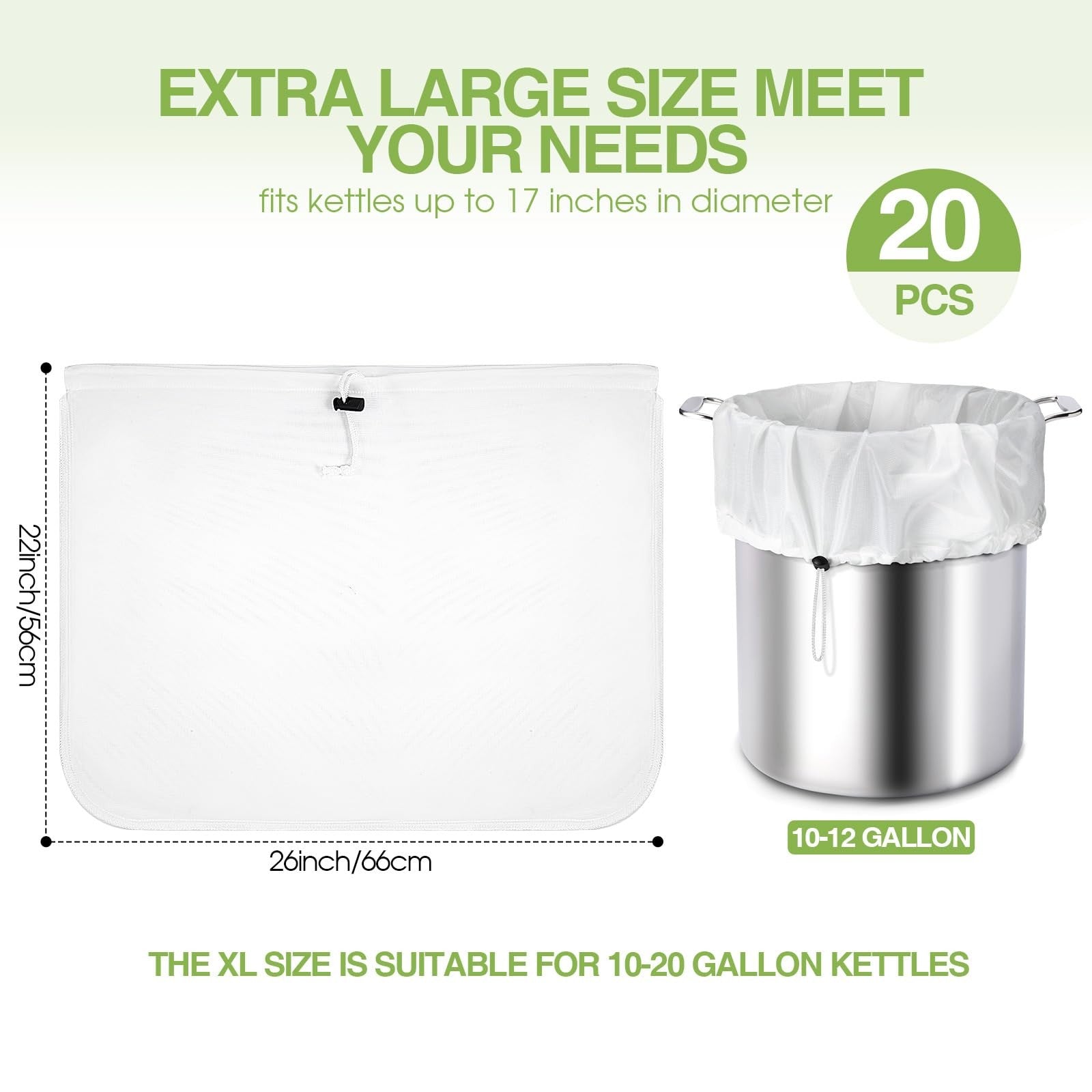 Chumia 20-pack reusable extra large 26x22 inch fine mesh brew bags for cold brewing and straining beverages.