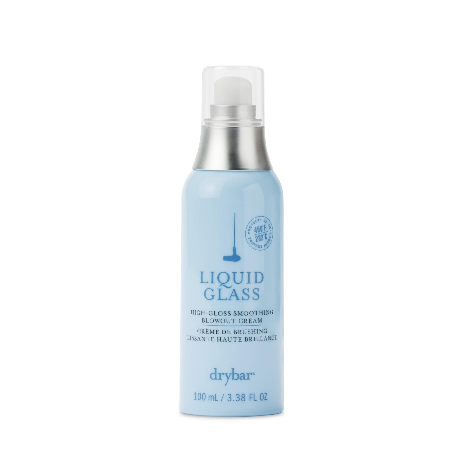 Drybar Liquid Glass high-gloss smoothing blowout cream applied to hair, reducing frizz and creating a sleek, shiny finish.