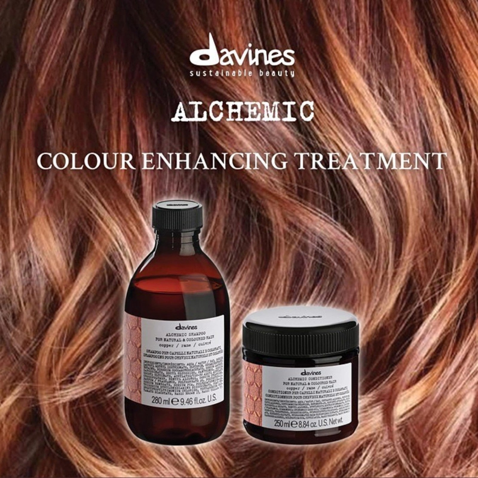 Davines Alchemic Conditioner for Copper hair, 8.81 oz, showing the conditioner bottle with copper-colored label and packaging.