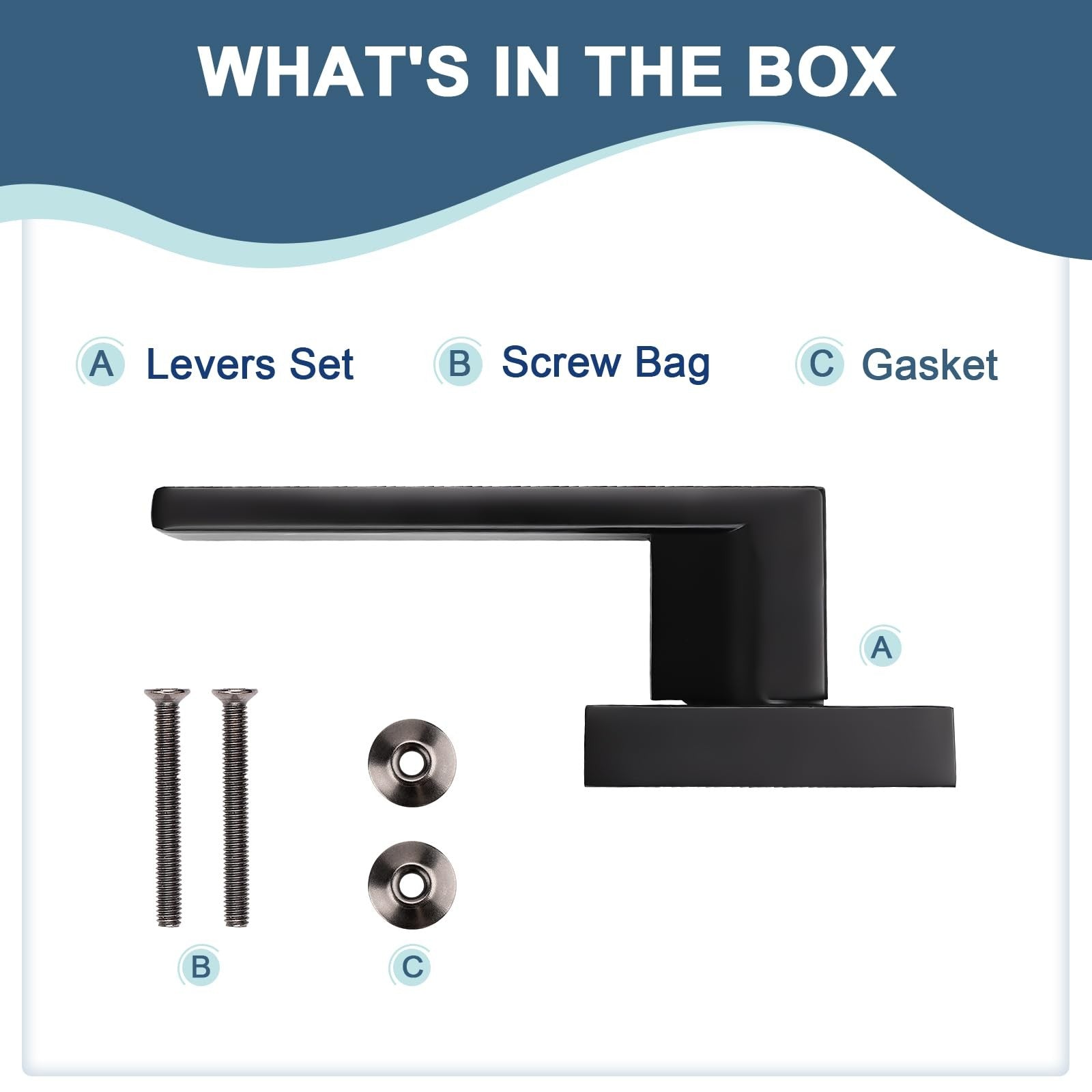 Set of four matte black square interior door handles by KNOBWELL, modern dummy door knobs for stylish interior doors.